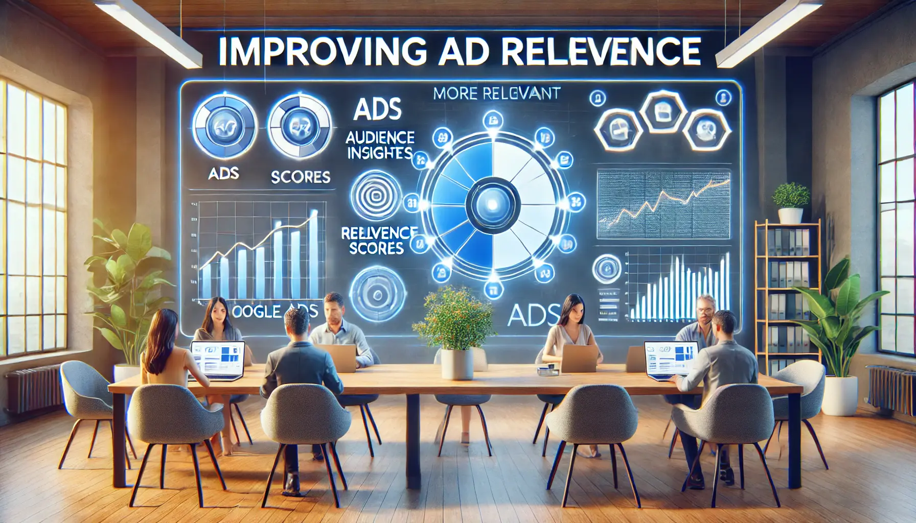 A marketing dashboard showing audience insights, relevance scores, and performance metrics, depicting how ads are optimized for different user segments to improve engagement.