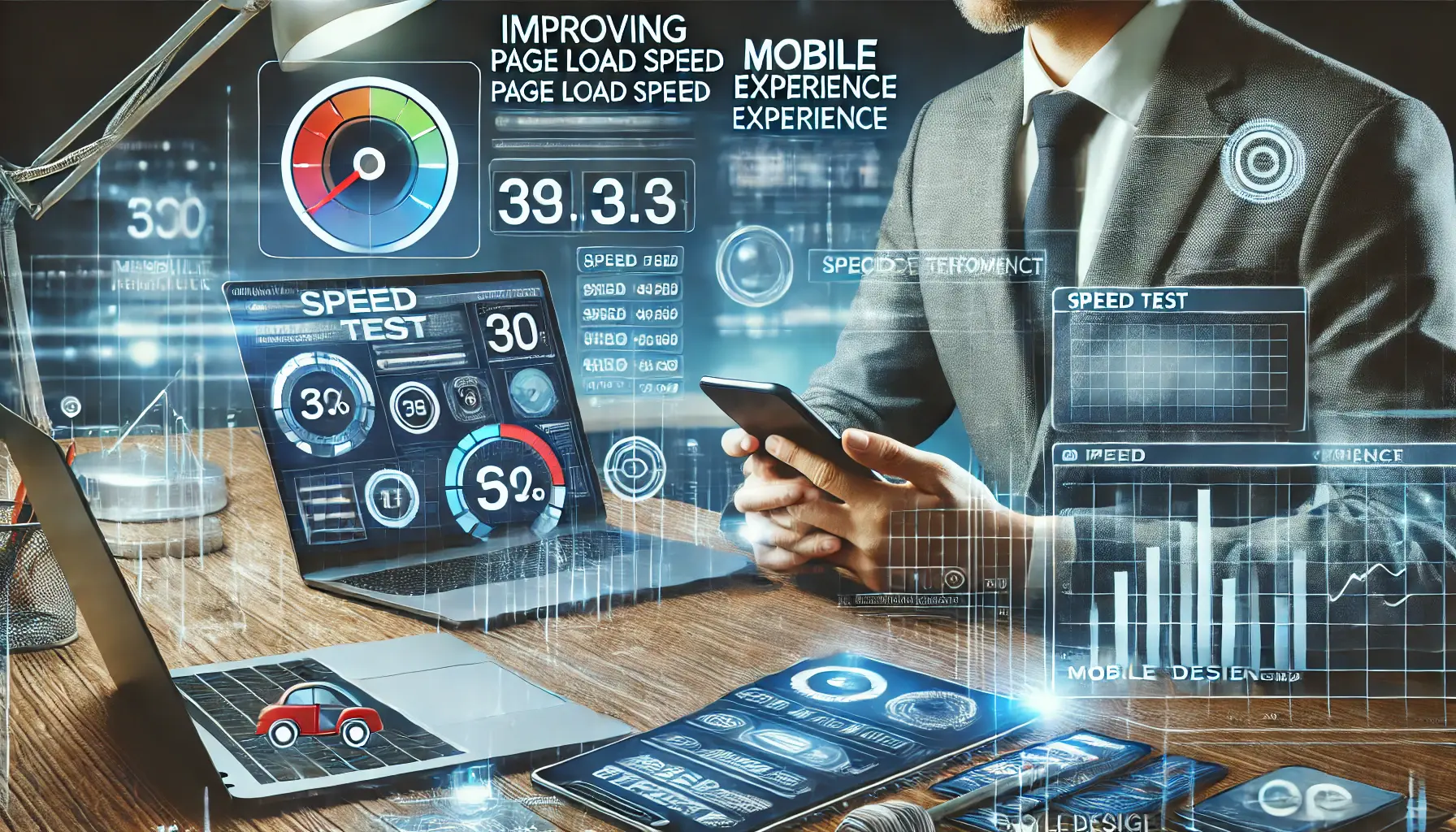 A digital marketing professional analyzing website performance on a laptop and smartphone.