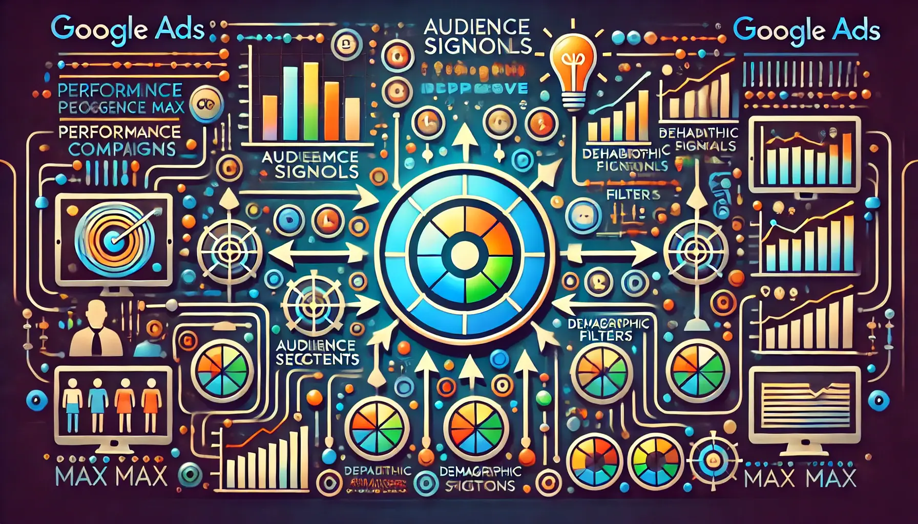 An image depicting the optimization of audience signals with elements like audience segments, data analysis, and machine learning to improve targeting.