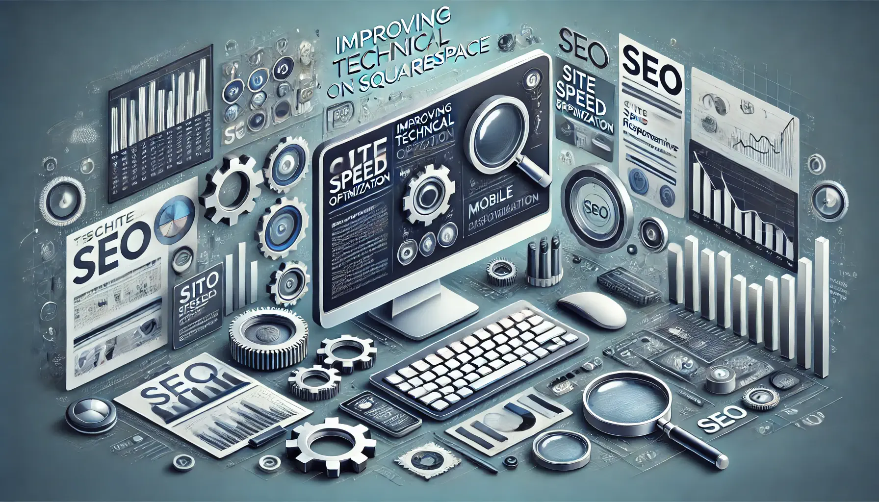 A computer screen displaying technical SEO tools and analytics with elements like site speed optimization, mobile responsiveness, and indexing. Surrounding symbols like gears, magnifying glasses, and SEO charts represent technical improvements.