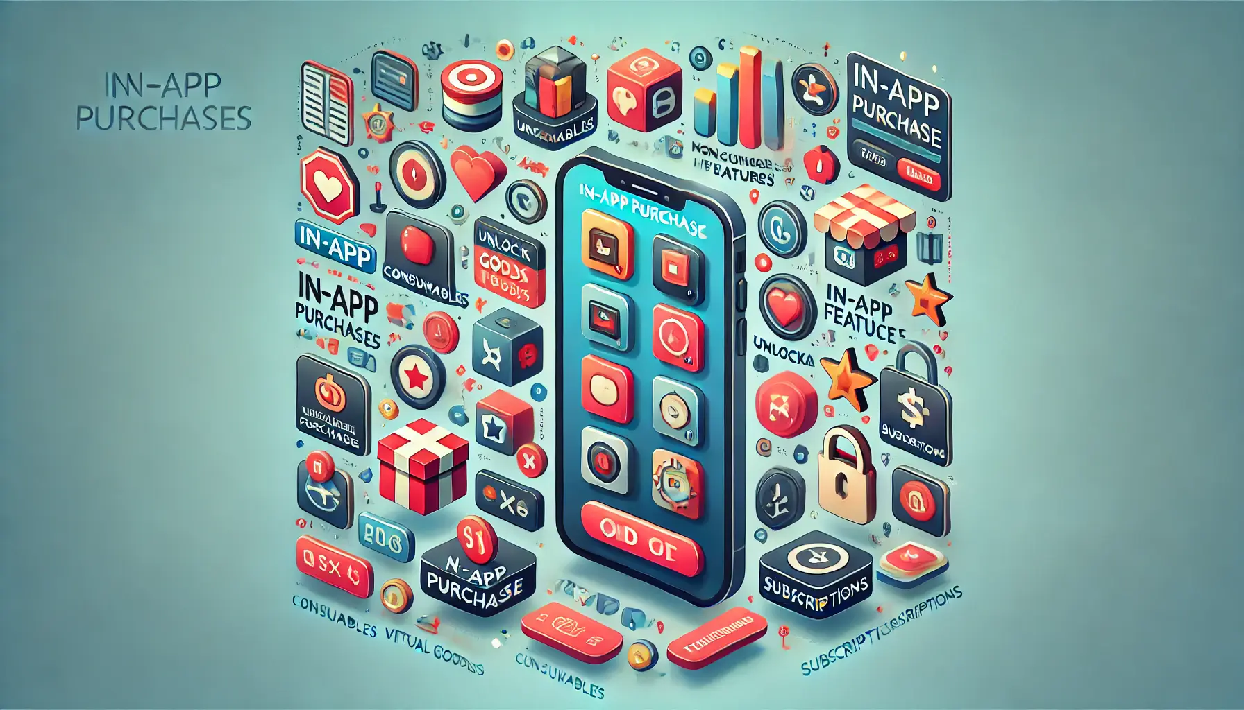 Digital illustration of a mobile device displaying various in-app purchase options like consumables, non-consumables, and subscriptions.