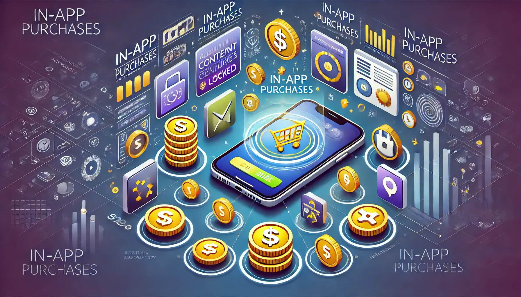 Digital illustration depicting in-app purchases with a mobile interface, digital currency, and icons representing user interactions.