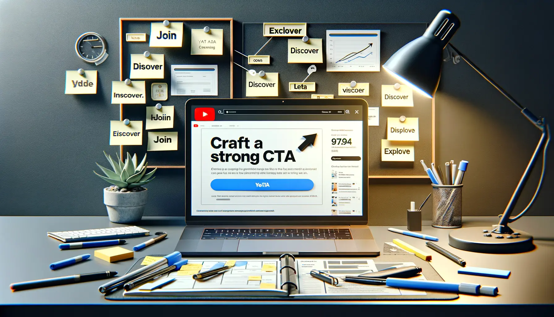 A workspace with a laptop displaying a YouTube ad draft focused on a CTA, surrounded by notes with action words.