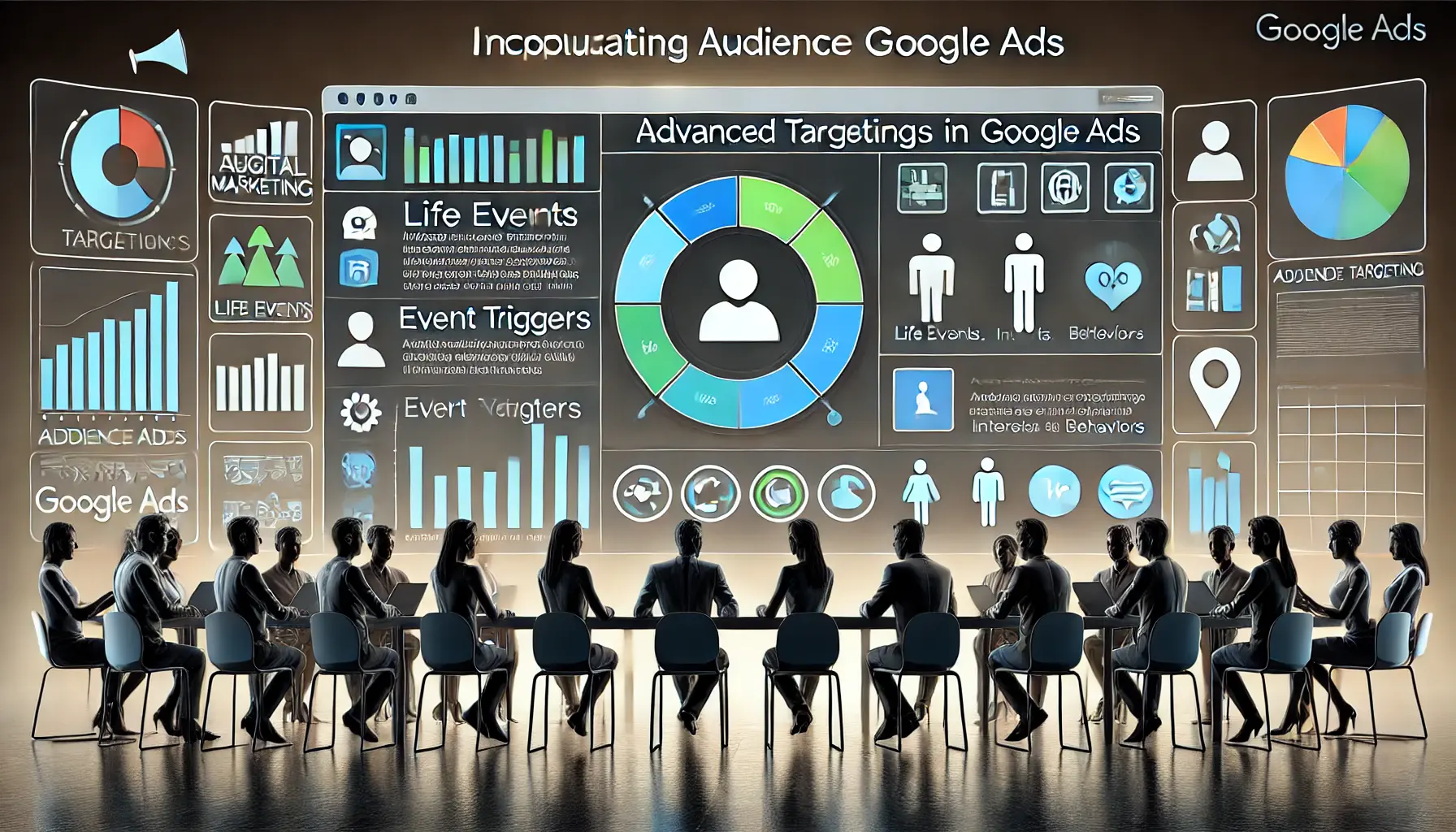 A professional image illustrating incorporating audience signals in Google Ads, featuring user profiles, event triggers, and behavioral patterns.