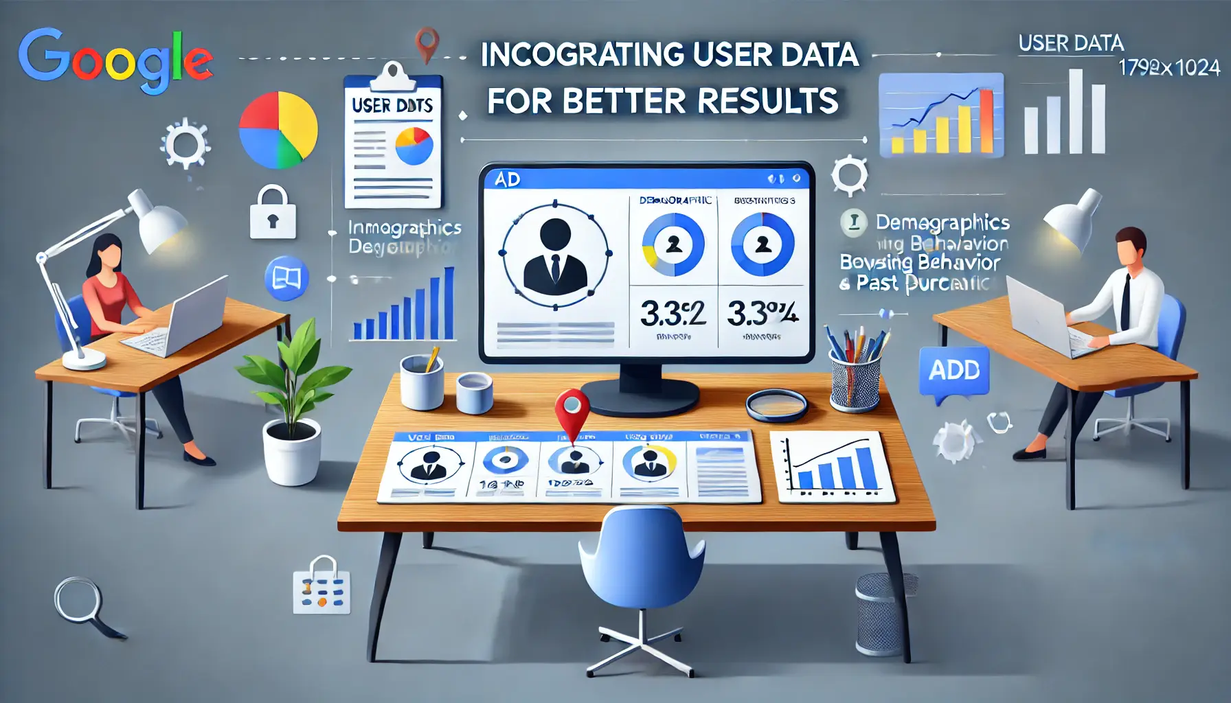 A digital workspace displaying an ad interface with icons representing user data like demographics, browsing behavior, and past purchases for personalized ads.