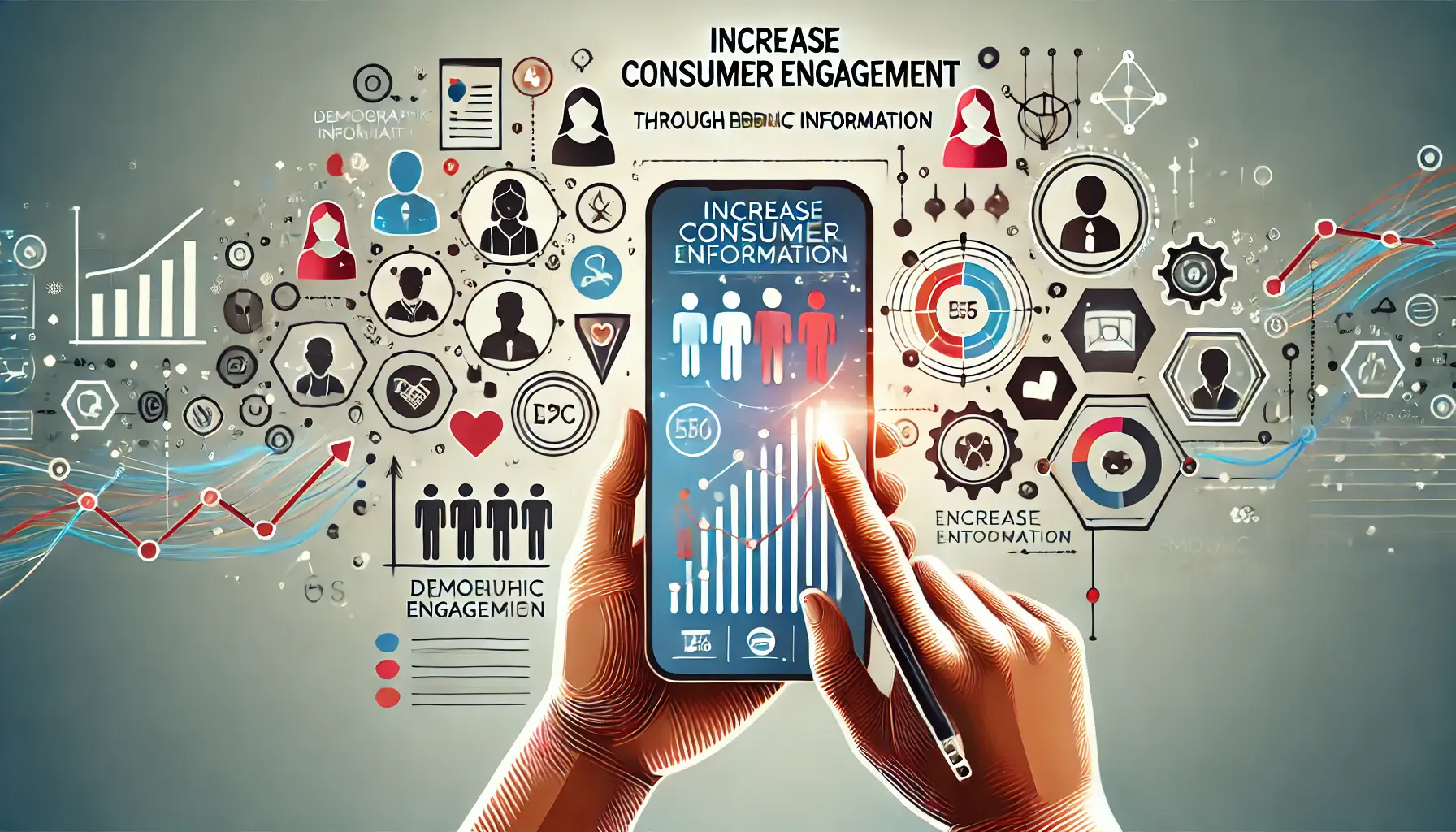 Image illustrating the use of demographic information to boost consumer engagement, featuring a mobile app interface with engagement analytics, demographic icons, and interaction symbols representing increased user engagement.