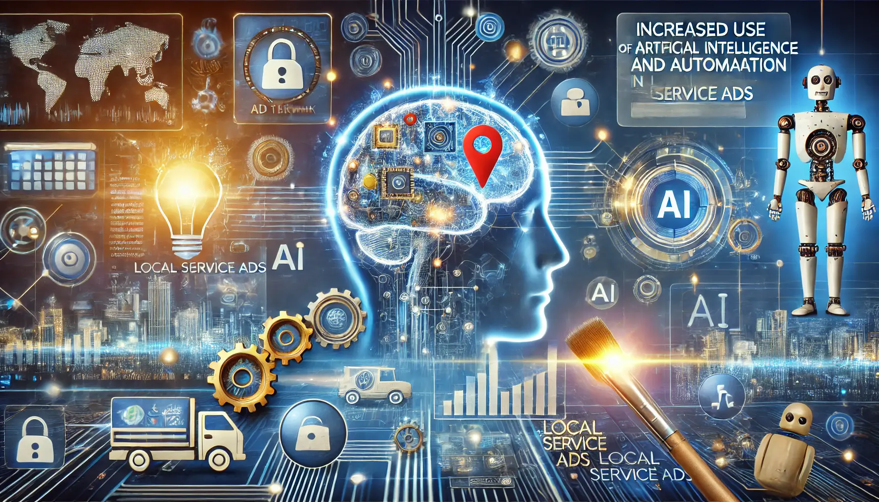 An image featuring AI elements like a digital brain automating tasks such as ad targeting, data analysis, and customer interactions, with visual representations of automation through robots and gears.