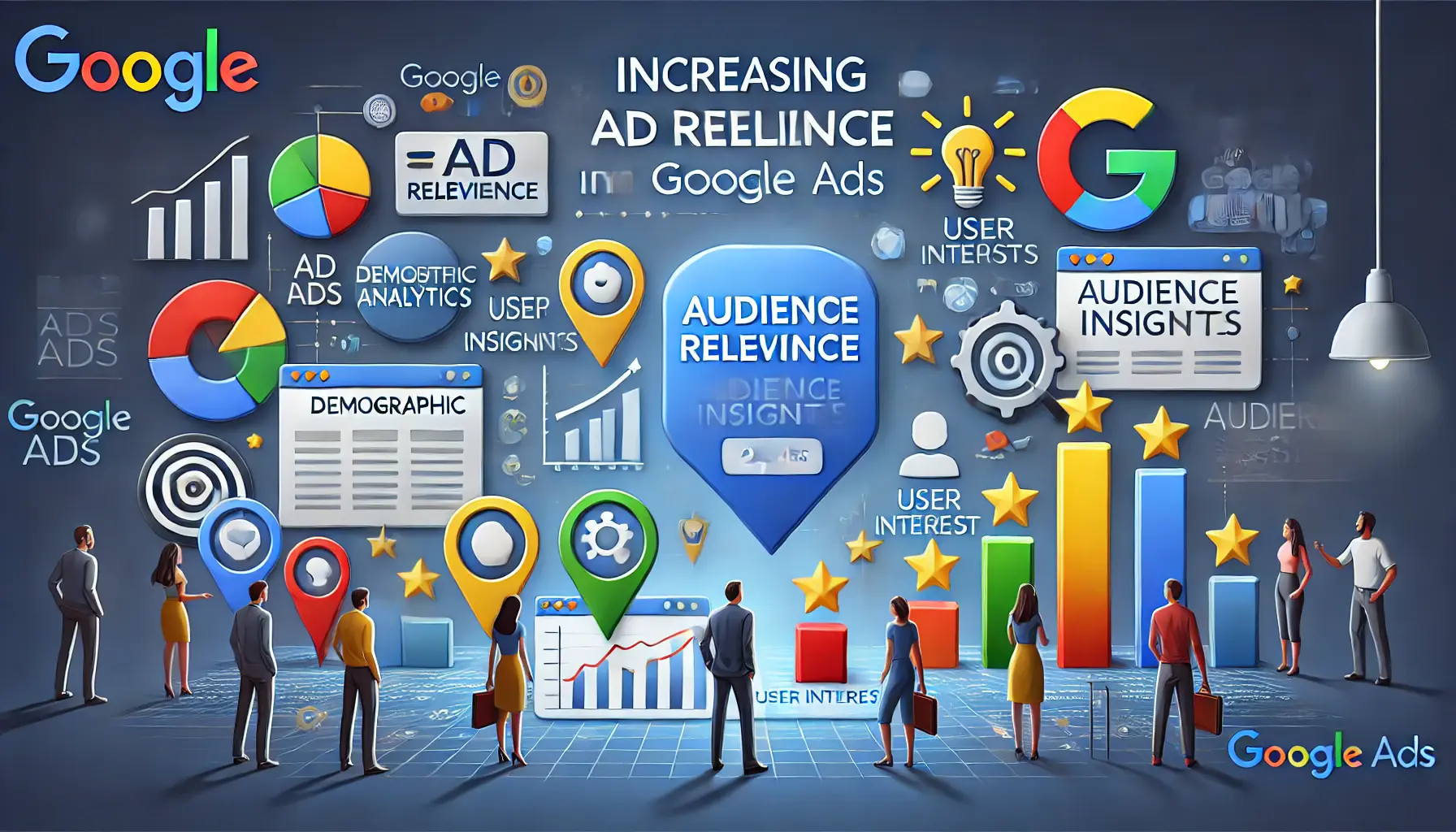 Image illustrating the use of audience insights with demographic, data analytics, and user interest icons.