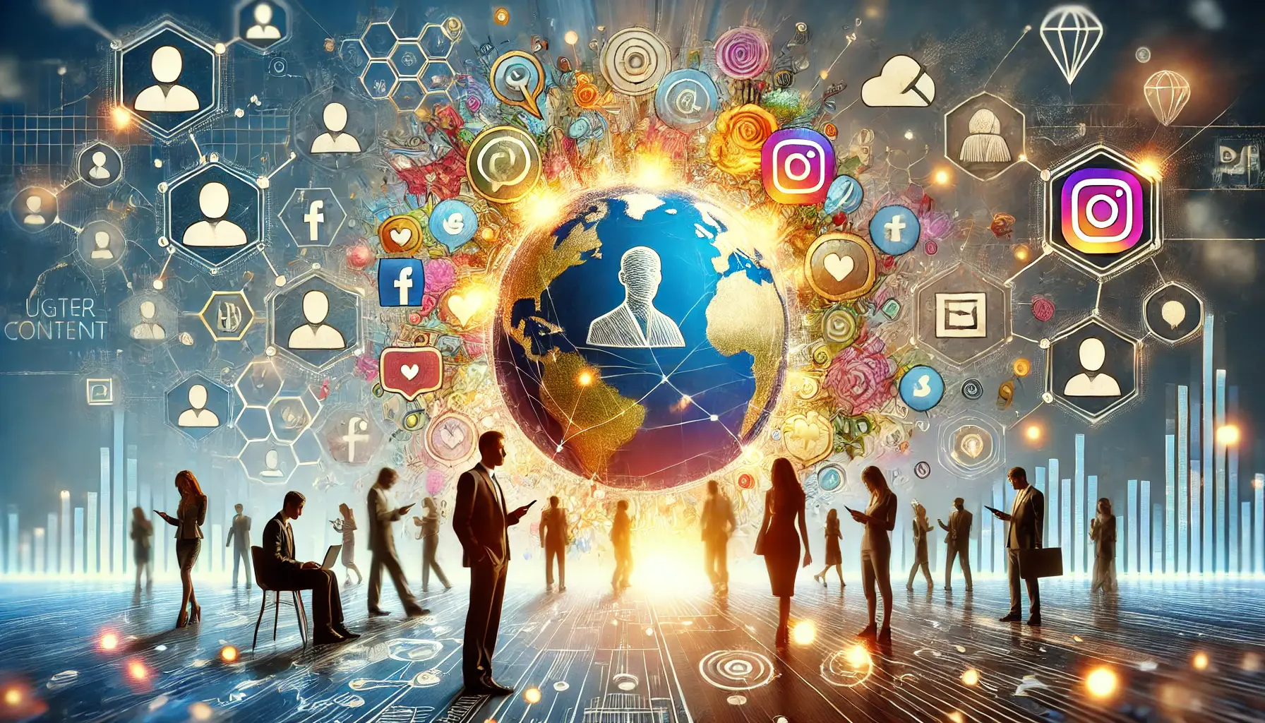 A digital depiction highlighting the role of user-generated content, featuring user avatars, social media icons, and community engagement elements.