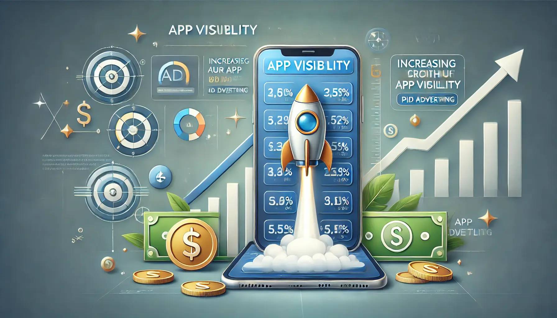 Illustration representing the concept of increasing app visibility through paid advertising, featuring a mobile device with an ad platform interface, surrounded by elements like a rocket, dollar signs, and upward-pointing arrows.