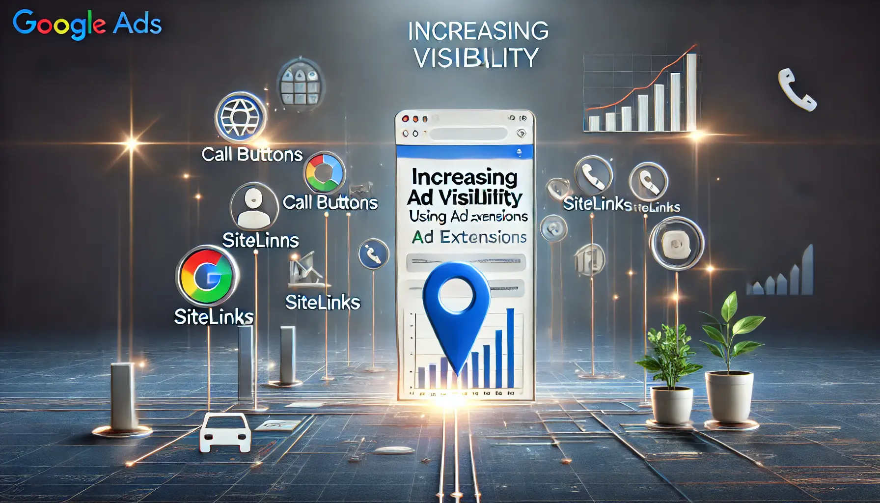 A Google Ads dashboard displaying an active ad campaign with ad extensions like call buttons, sitelinks, and location details, surrounded by icons symbolizing increased visibility and engagement.