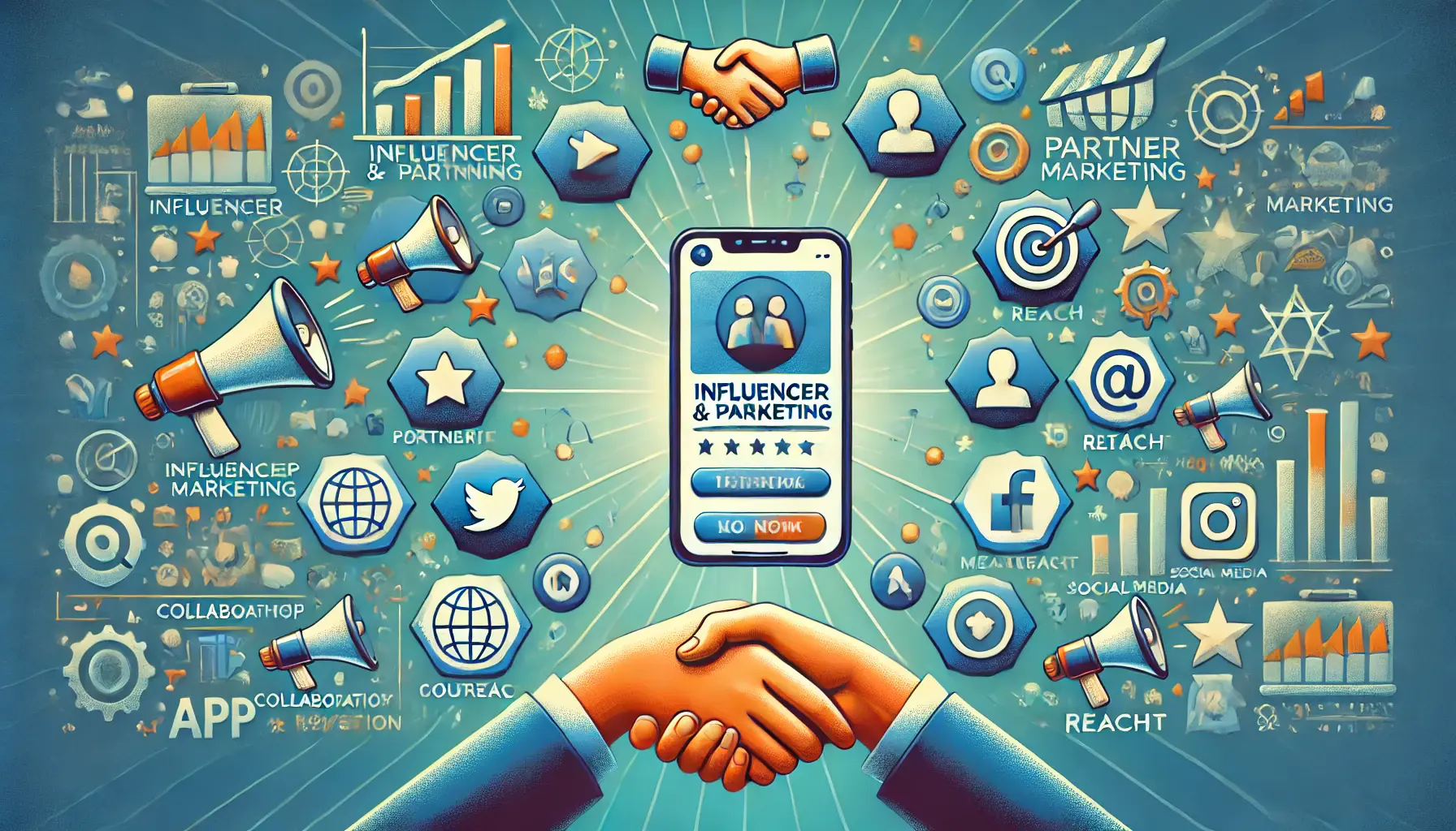 Illustration representing influencer and partner marketing, featuring a mobile device with a social media platform showing an influencer's post, surrounded by handshake symbols, megaphones, and social media icons.