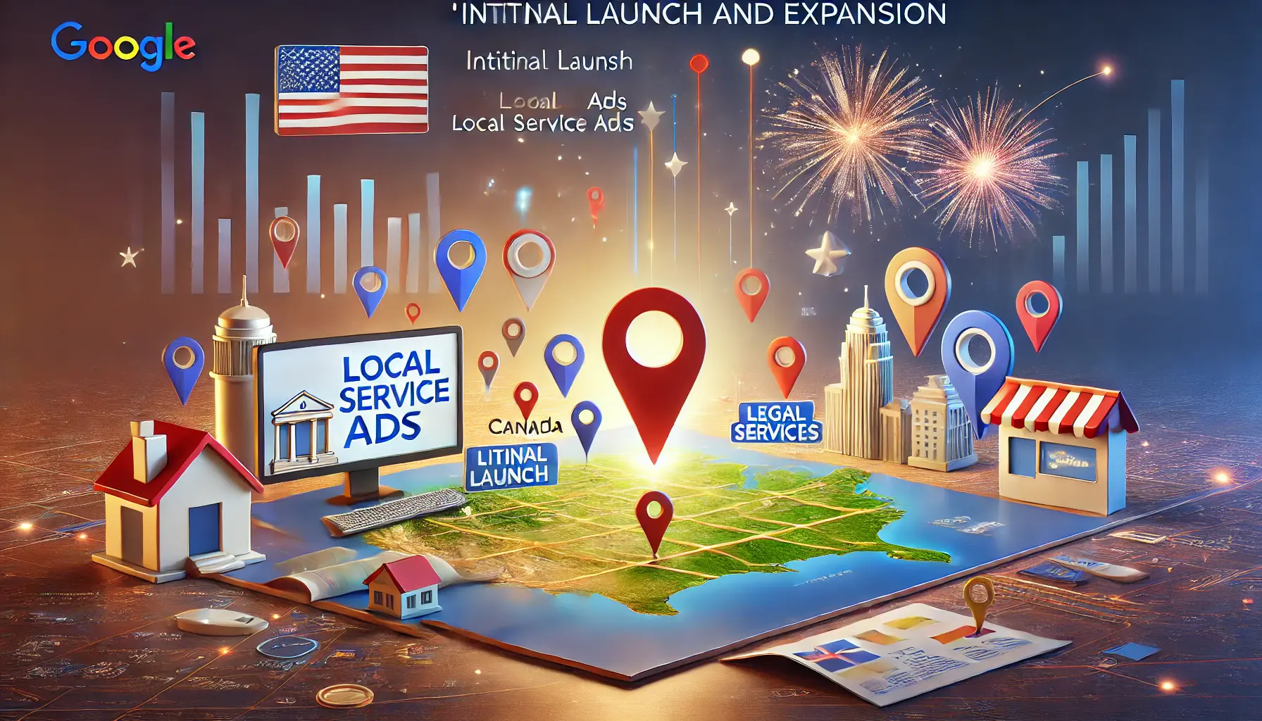 A map showing the initial launch and expansion of Local Service Ads in key regions like the US, Canada, the UK, and Australia, with service-related icons and arrows representing growth.