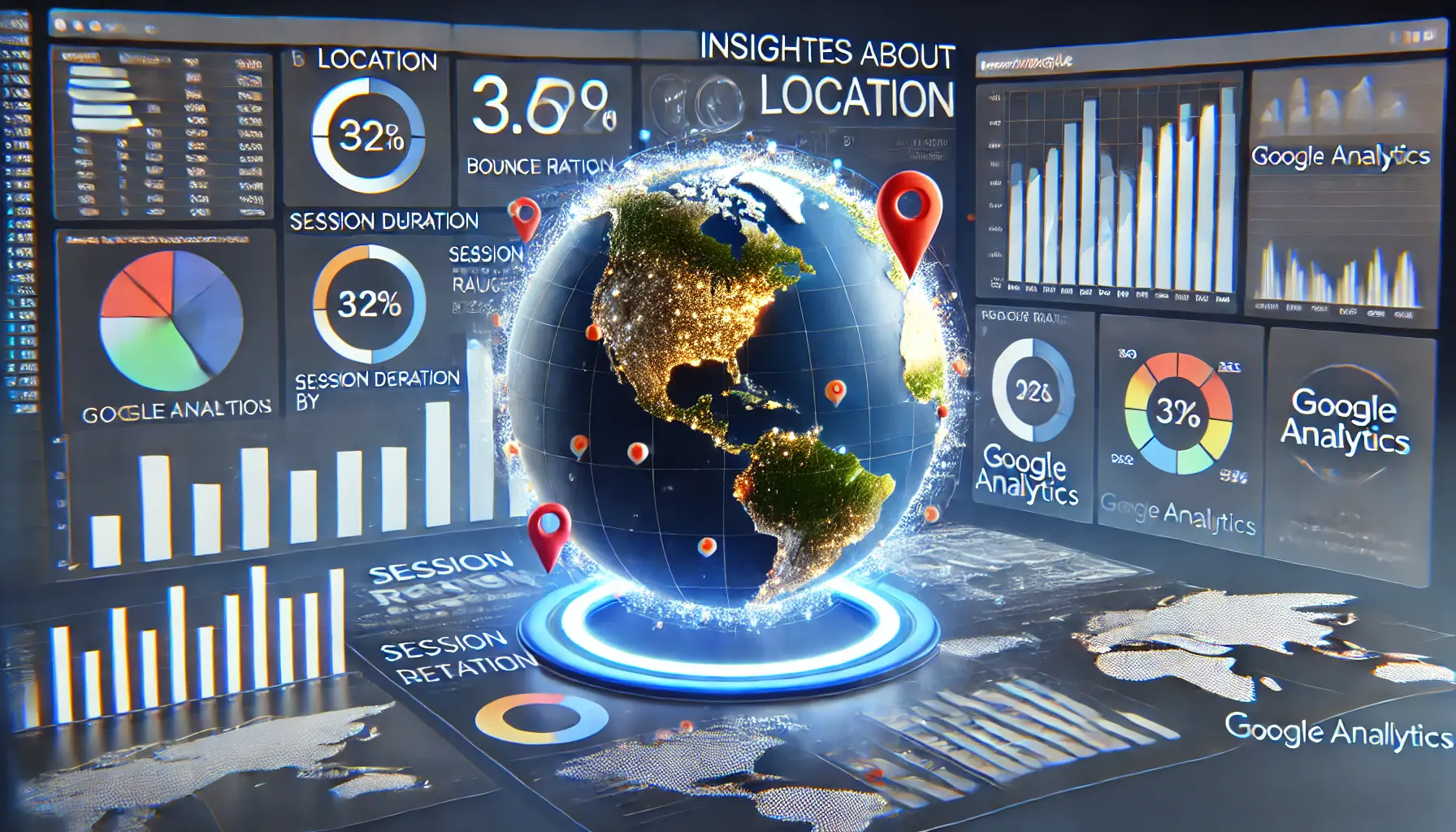 A digital dashboard displaying geographic data insights with charts and a map highlighting user behavior metrics by location