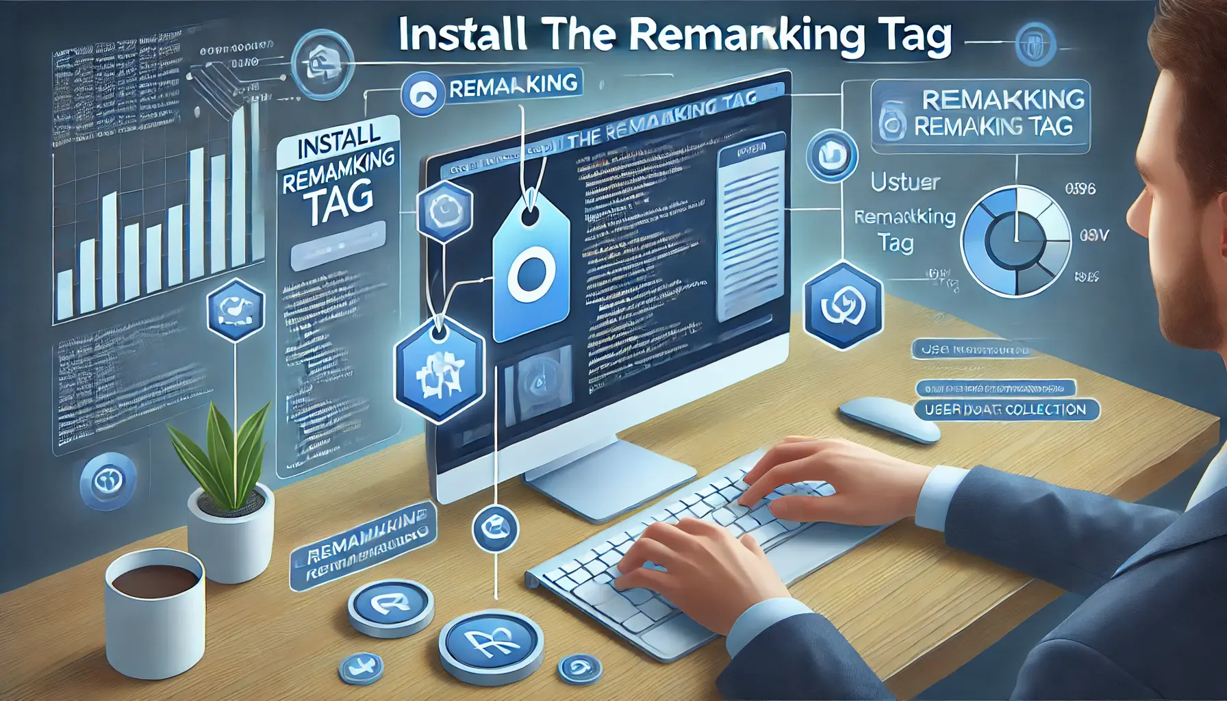 Digital marketing setup showing a computer screen with website code and icons representing remarketing tags, illustrating the process of installing a remarketing tag.