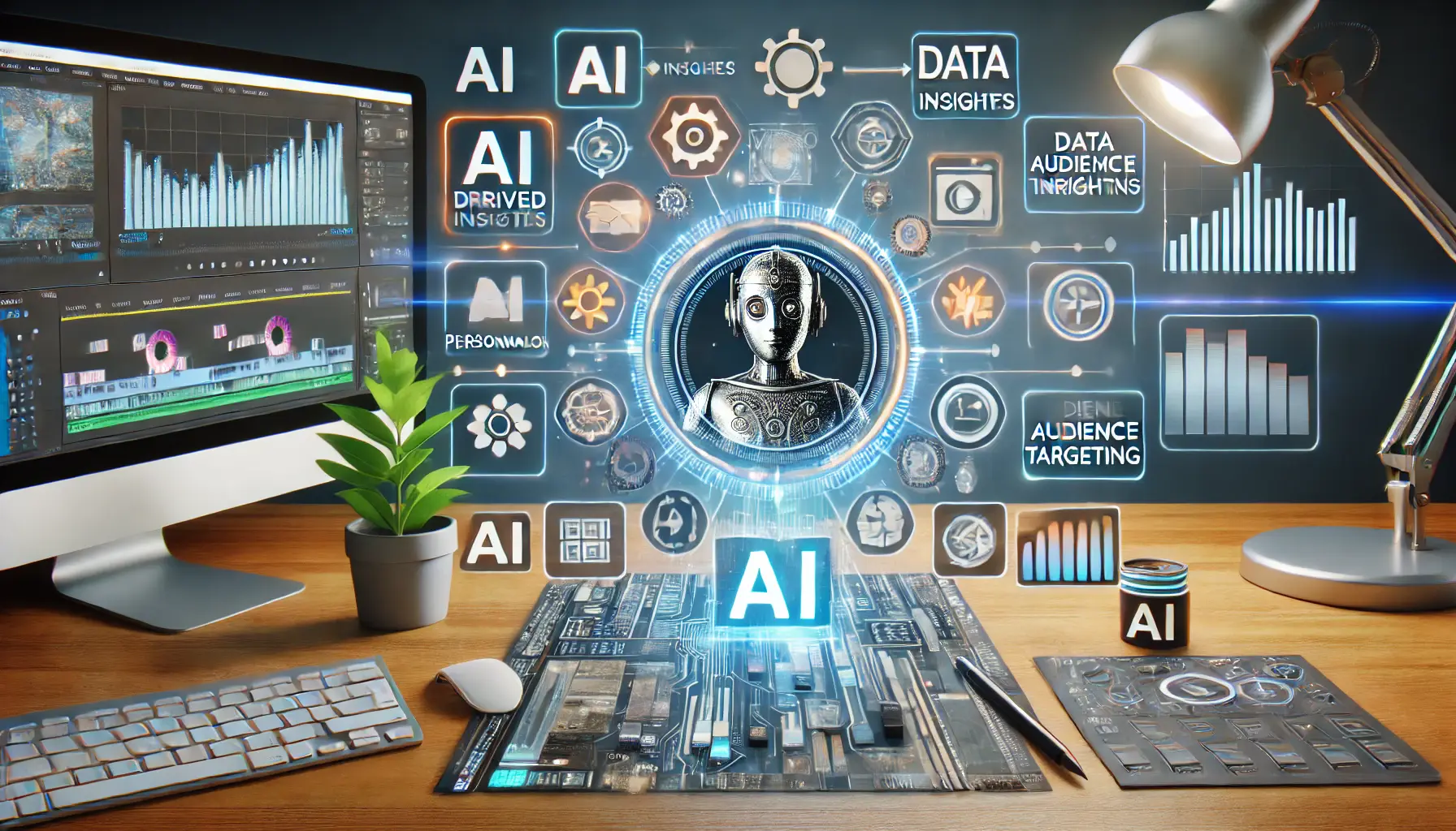 A digital scene showing AI-driven tools, data insights, and video editing interfaces representing AI integration in video marketing strategies.