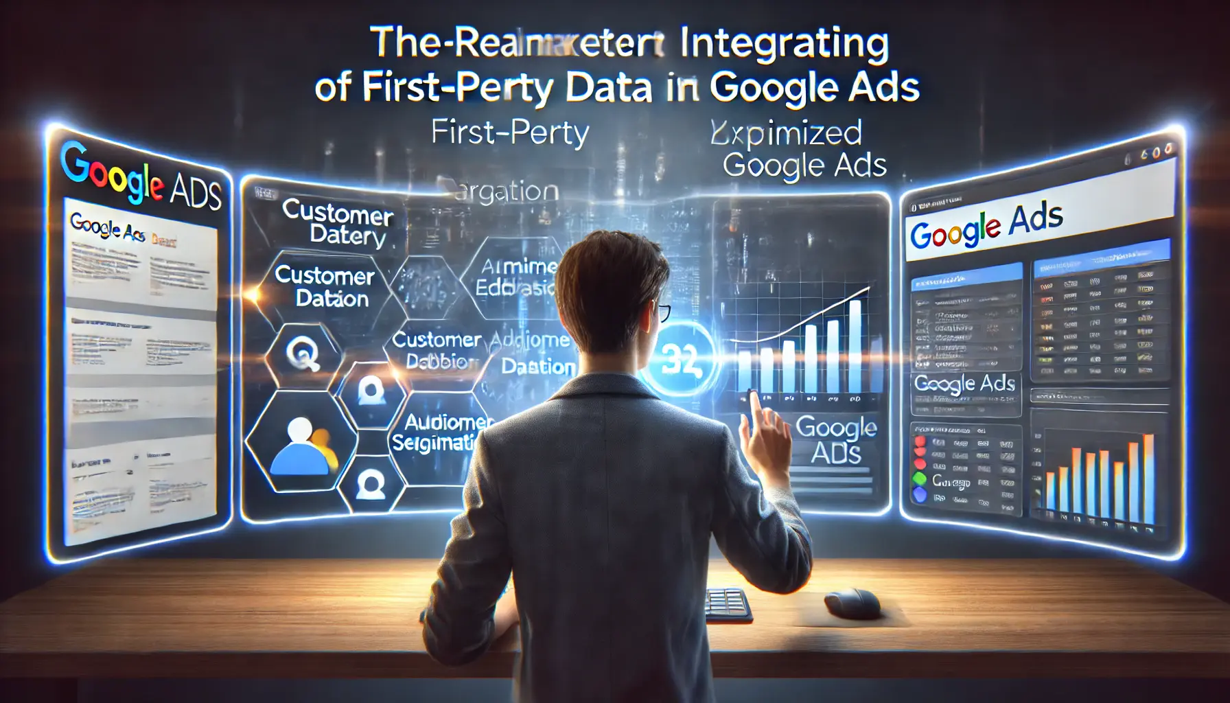 A marketer using Google Ads with first-party data for audience segmentation and personalized targeting on a dashboard.