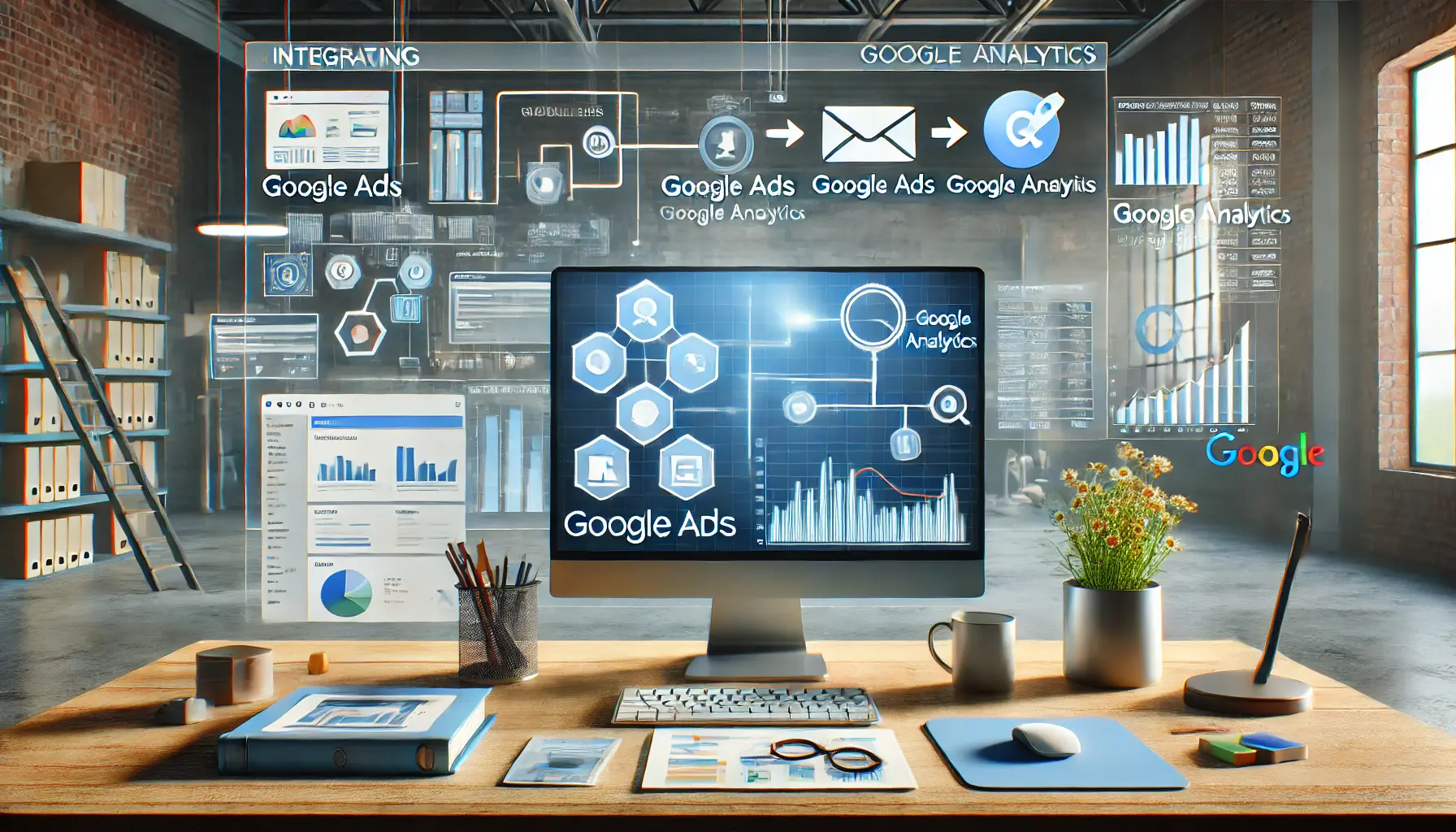 Image depicting a digital workspace with a computer showing the integration between Google Ads and Google Analytics, featuring connected dashboards and data metrics.