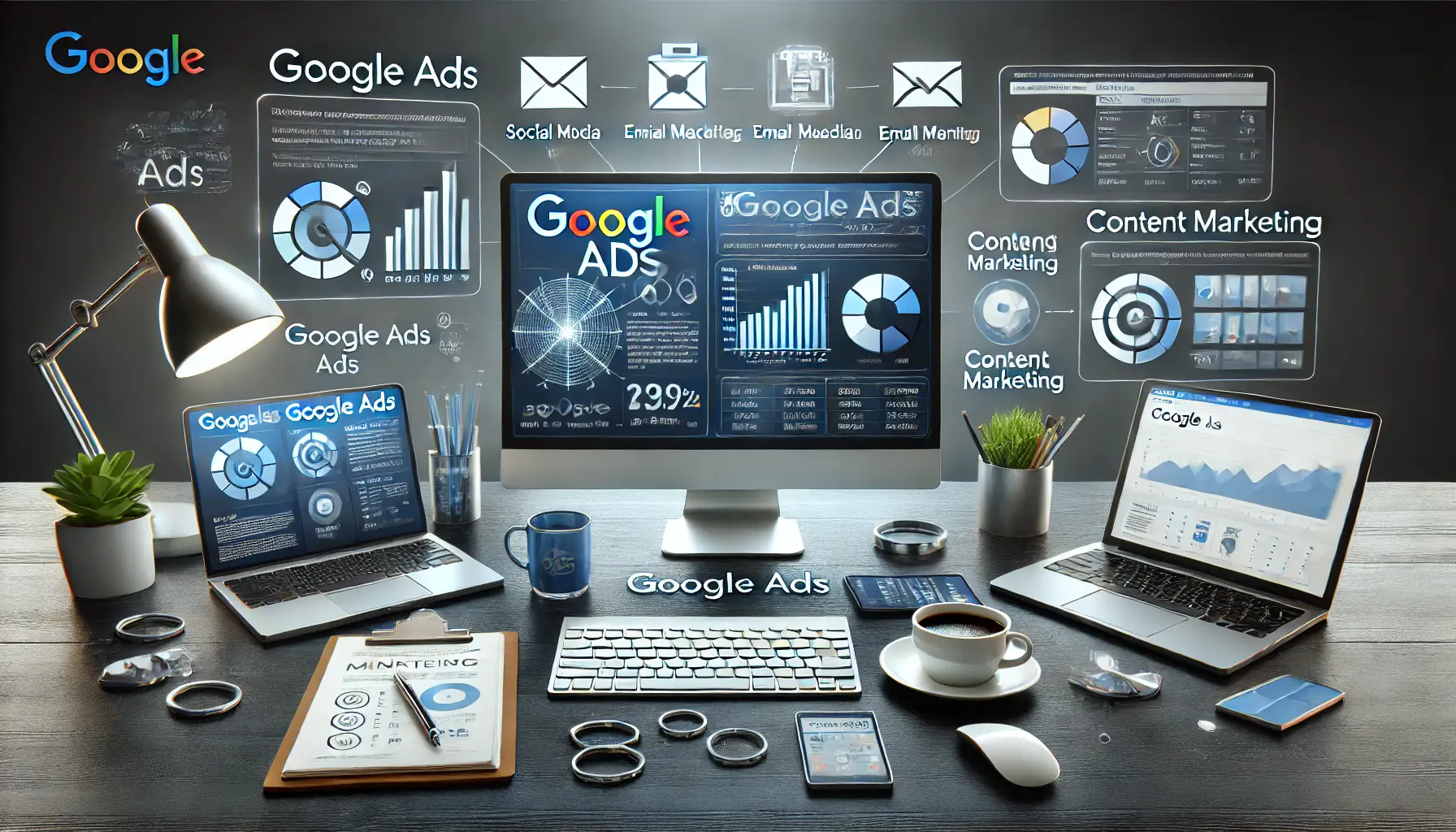 Digital marketing workspace showing Google Ads analytics integrated with social media, email marketing, and content marketing data, with a tablet and strategic items.