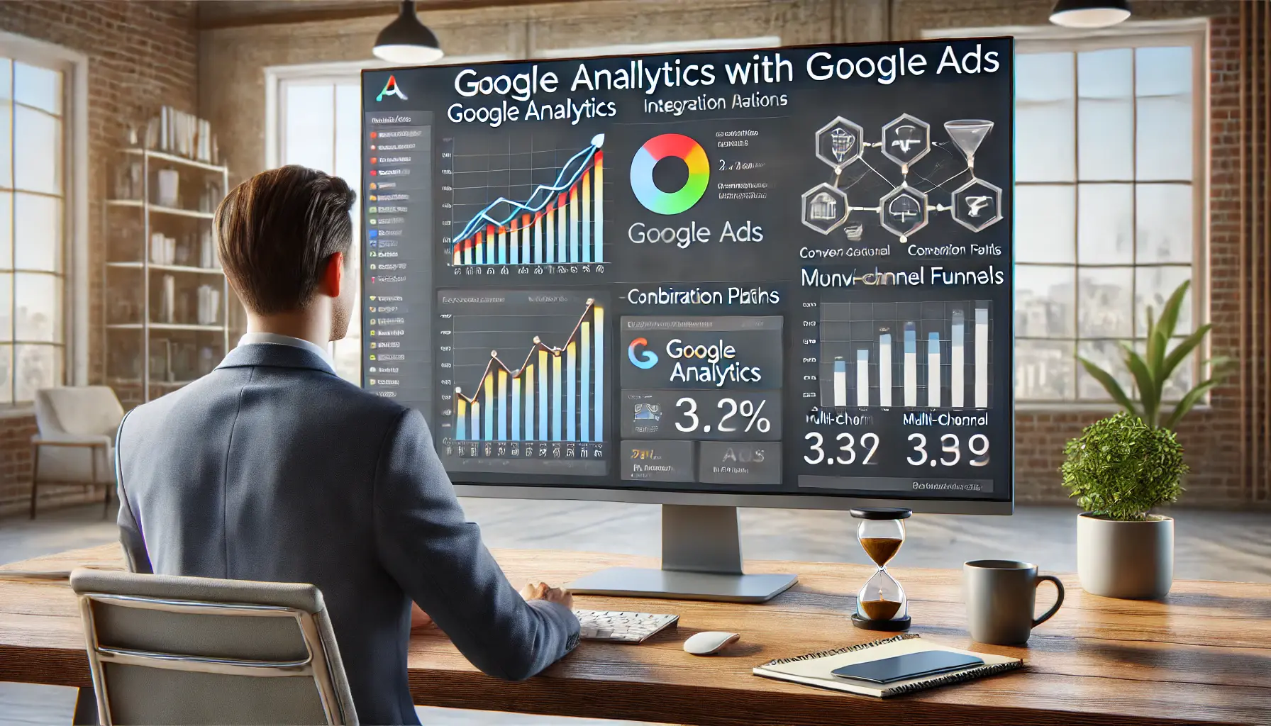 Digital marketer integrating Google Analytics with Google Ads for enhanced insights on a large computer screen with analytics data.