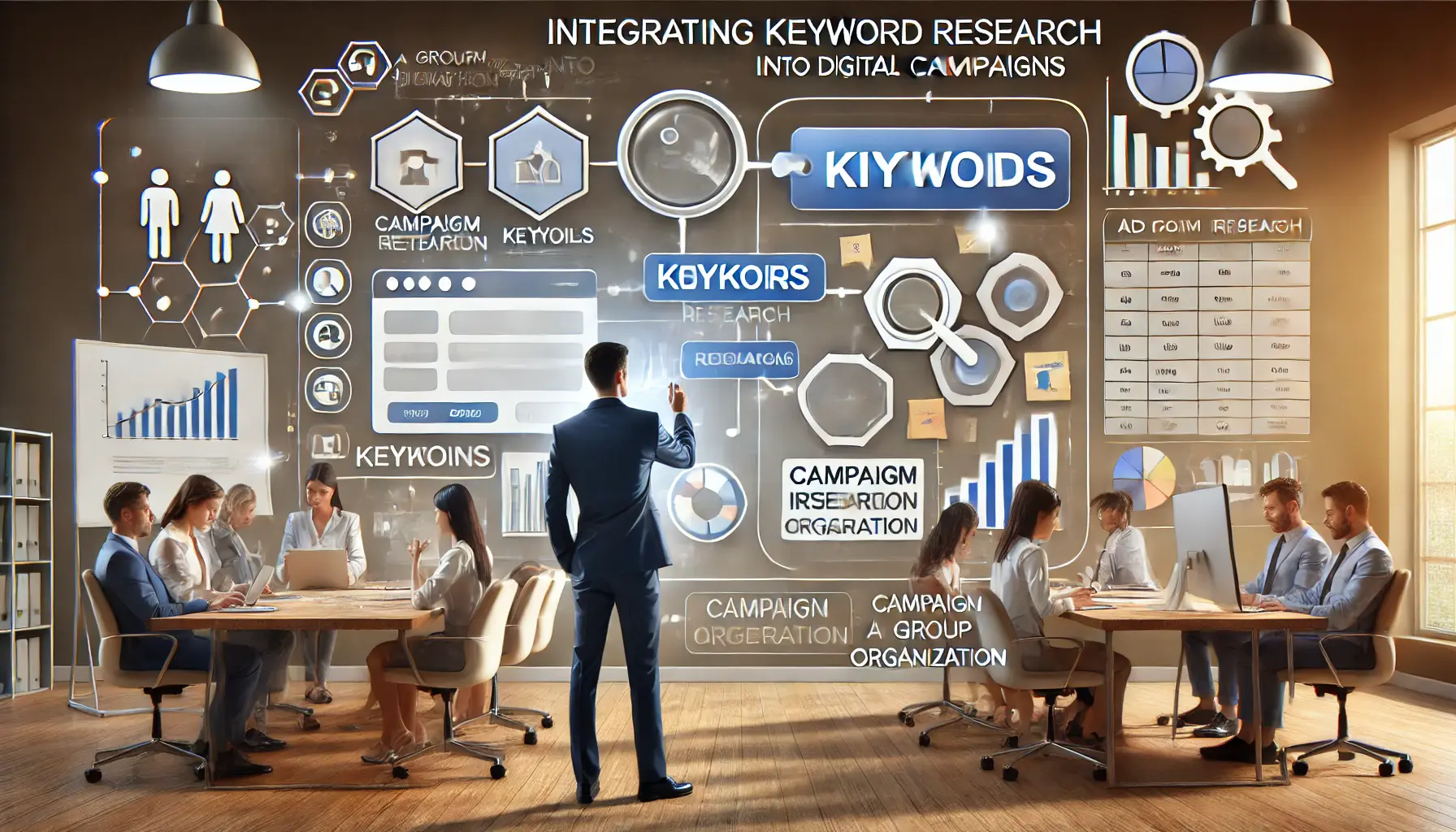 A visual representation of integrating keyword research into campaigns, showing a person analyzing data in a modern office.