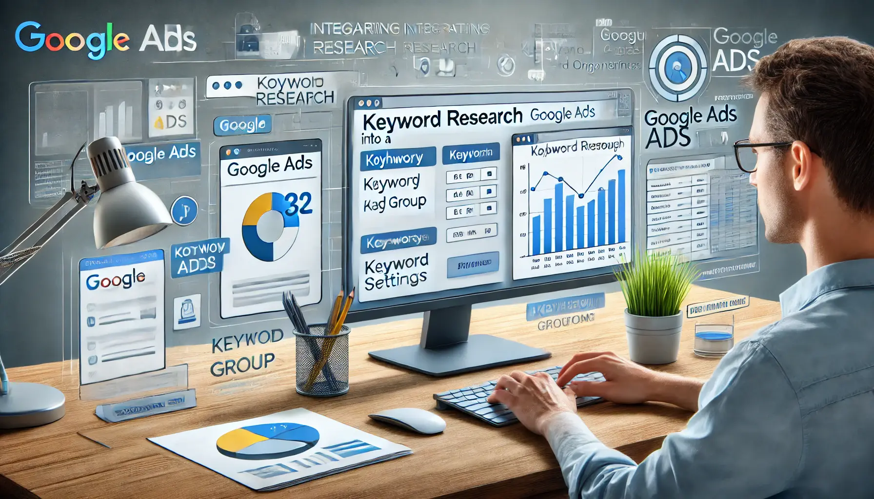 A visual representation of integrating keyword research into Google Ads, showing a person working on a computer.