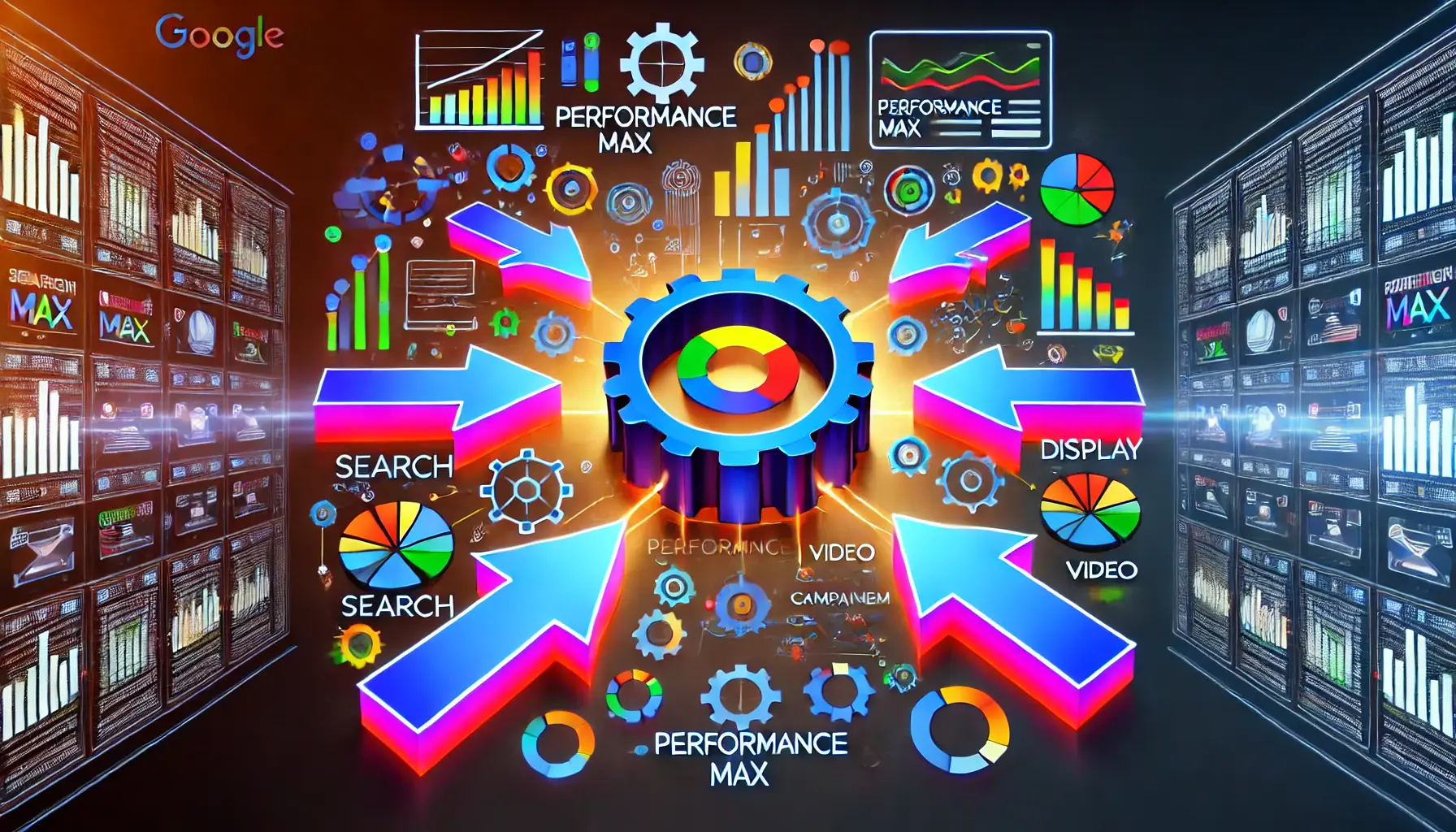 An image depicting various Google Ads campaign types such as Search, Display, and Video interconnected with Performance Max at the center, symbolizing their integration.