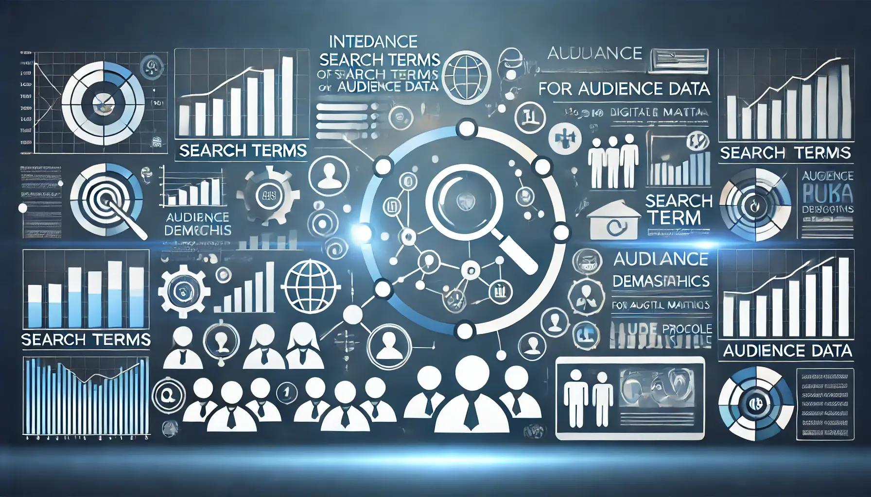 Visual representation of integrating search terms with audience data featuring demographics, graphs, and user profiles