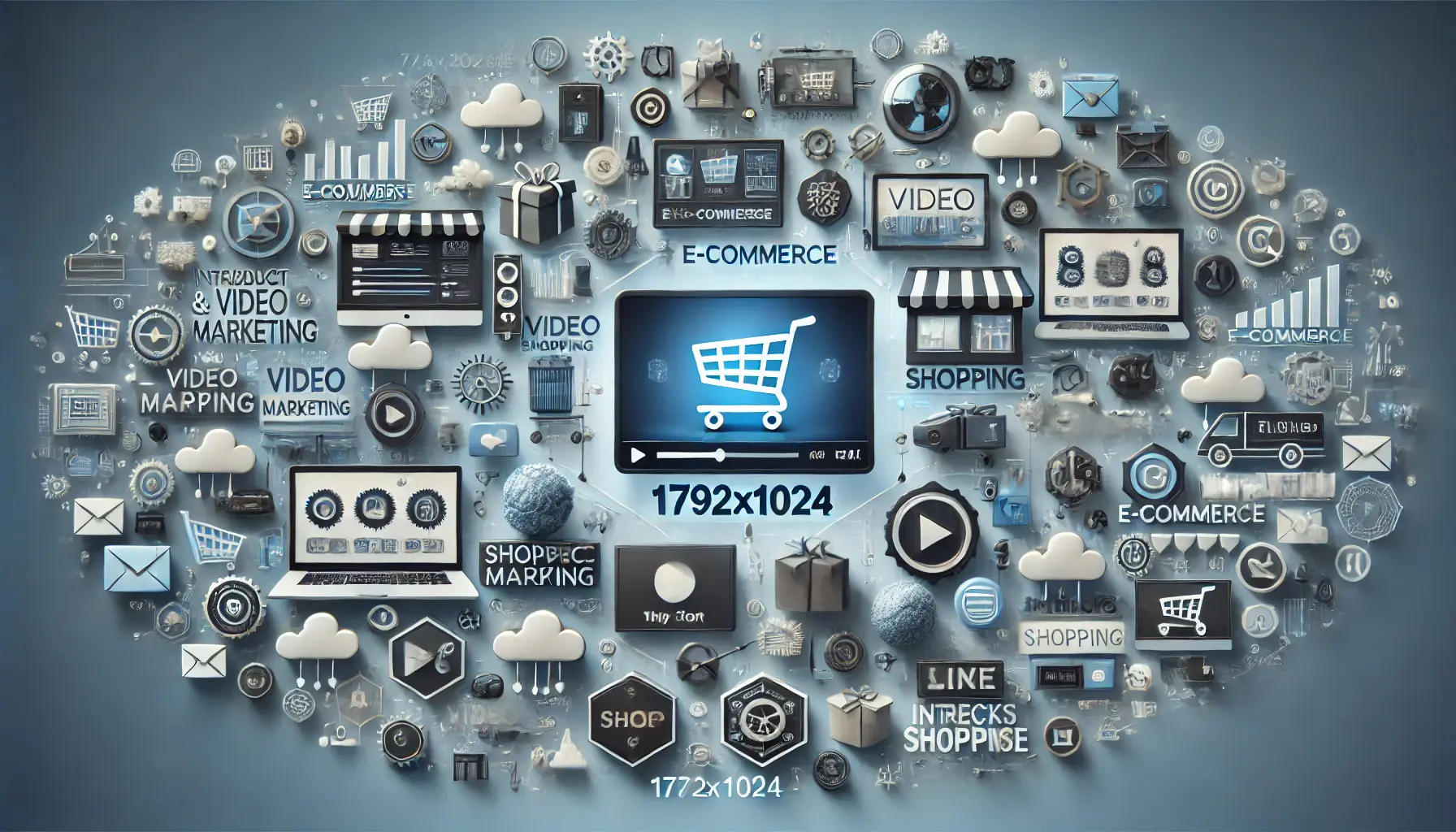 A digital scene depicting e-commerce integrated with video marketing, featuring product showcases, interactive shopping features, and seamless transitions to purchase.