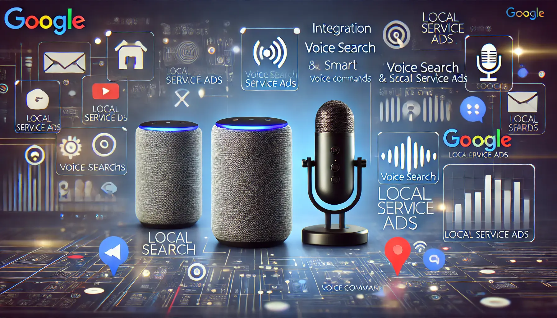 An image featuring smart devices like voice-activated speakers and smartphones, with sound wave icons representing voice commands and digital interfaces showing voice search results.