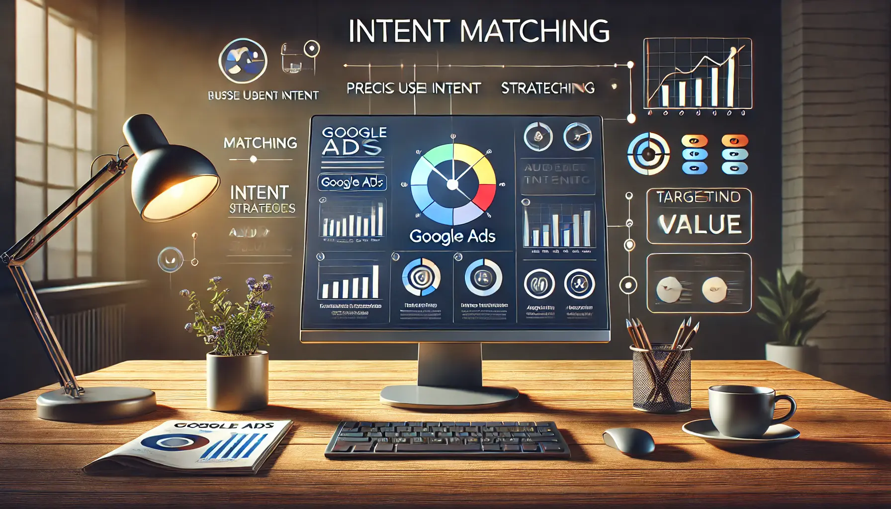 Workspace with computer displaying Google Ads dashboard, focusing on metrics and targeting options for user intent matching.