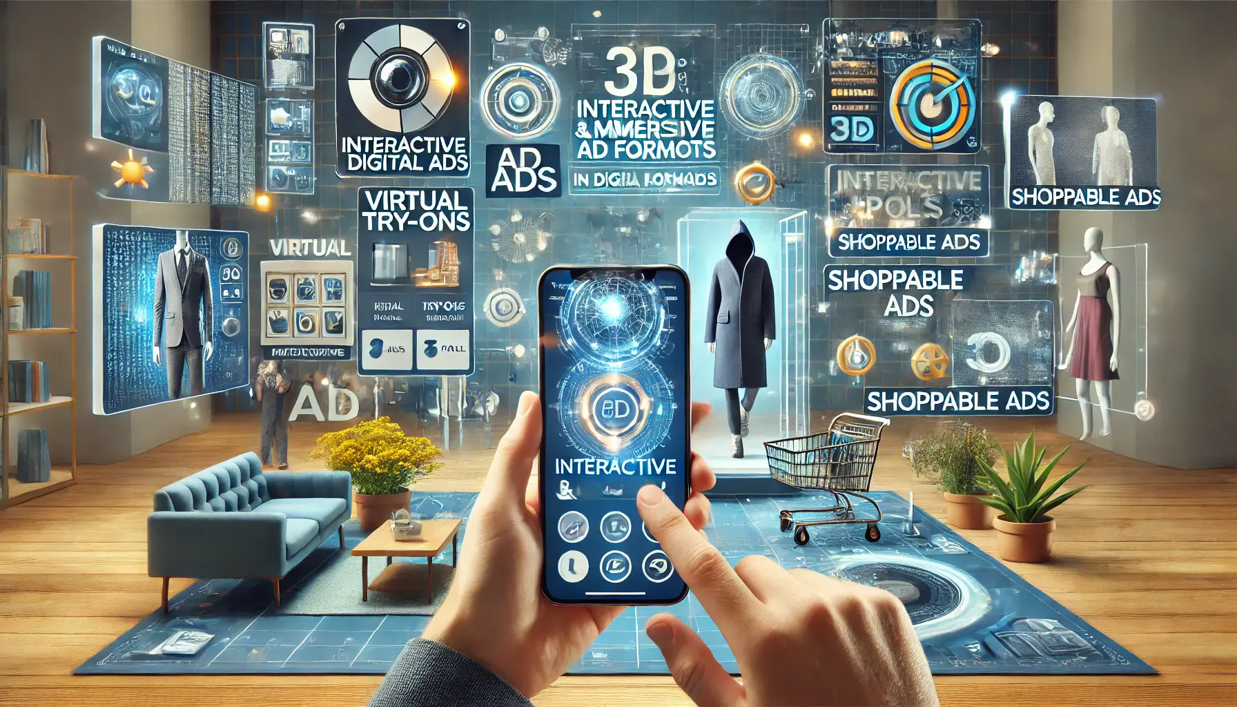 A user interacting with immersive and interactive digital ads such as augmented reality (AR) ads, virtual try-ons, and 3D product visuals on a smartphone or tablet.