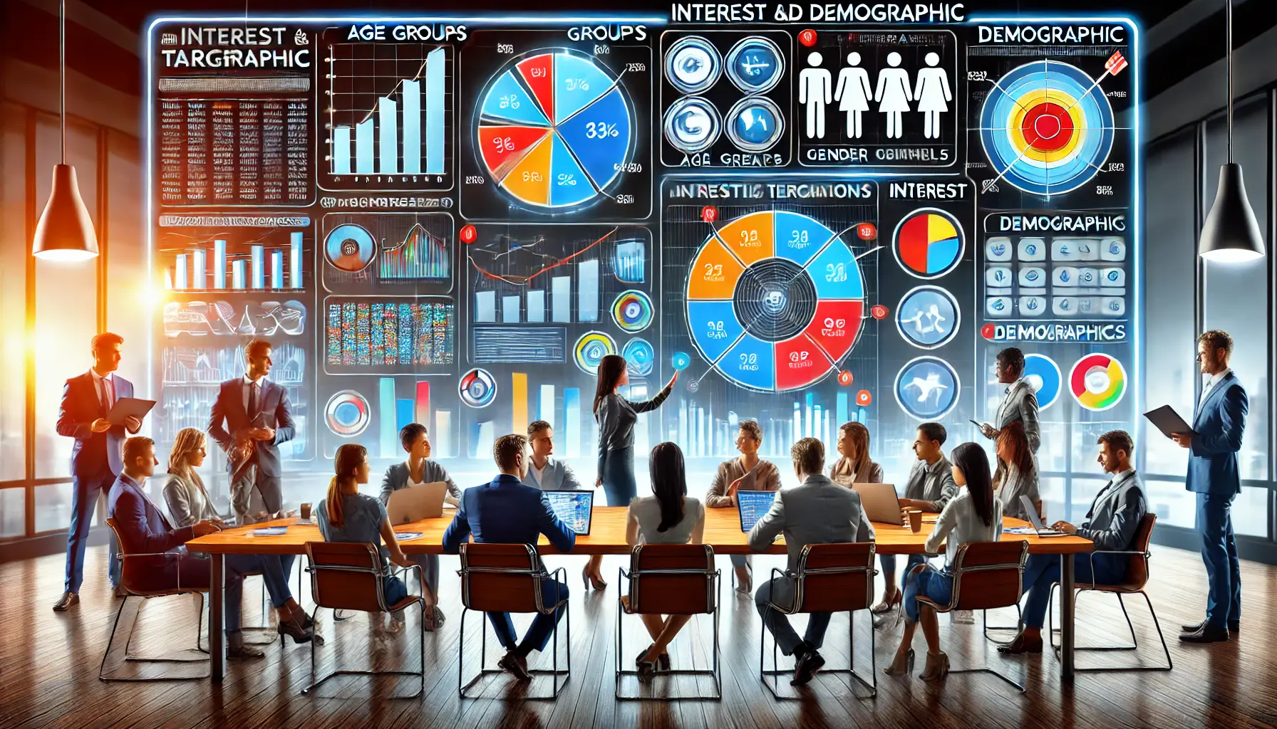 Diverse group of marketers analyzing a digital dashboard for interest and demographic targeting.