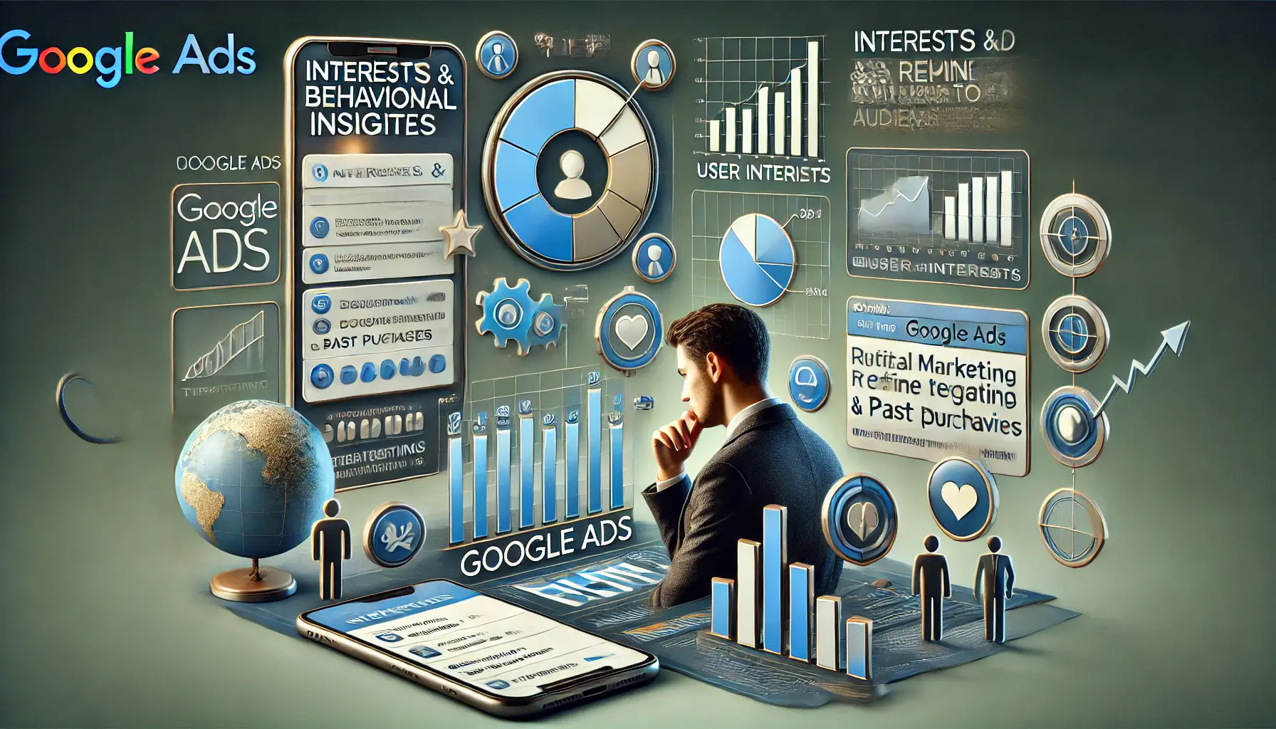 A professional image showing interests and behavioral insights in Google Ads, with user profiles and data charts on audience behavior and preferences.