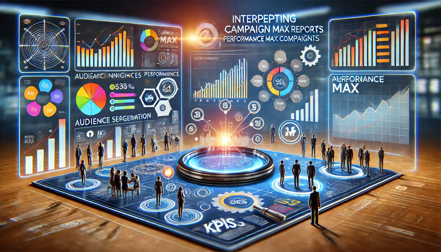 An image showing data charts, performance graphs, and audience segmentation being analyzed, symbolizing the interpretation of campaign insights and reports.