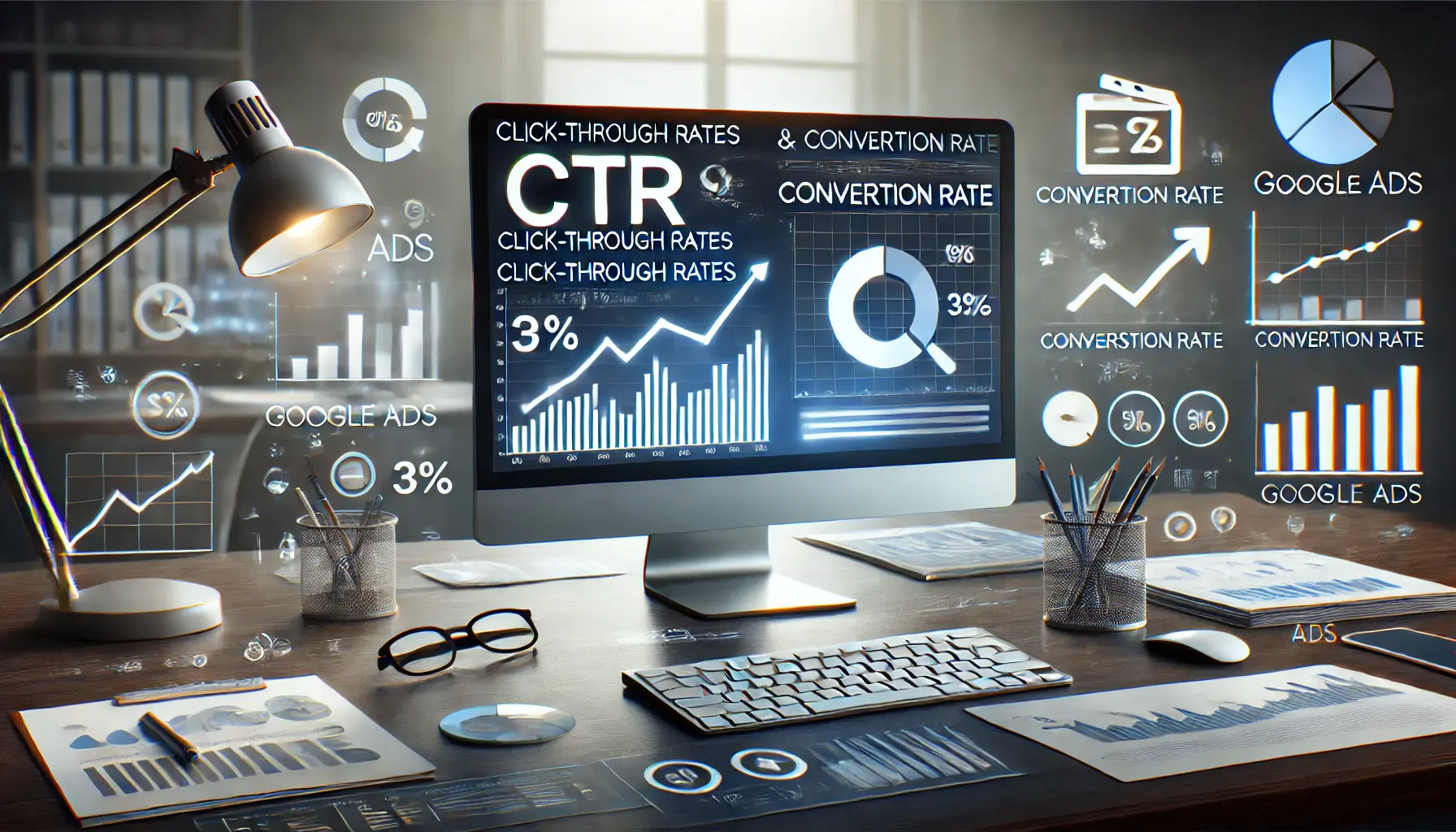 A digital marketing workspace with a computer screen displaying charts and graphs that show click-through rates (CTR) and conversion rates for a Google Ads campaign.