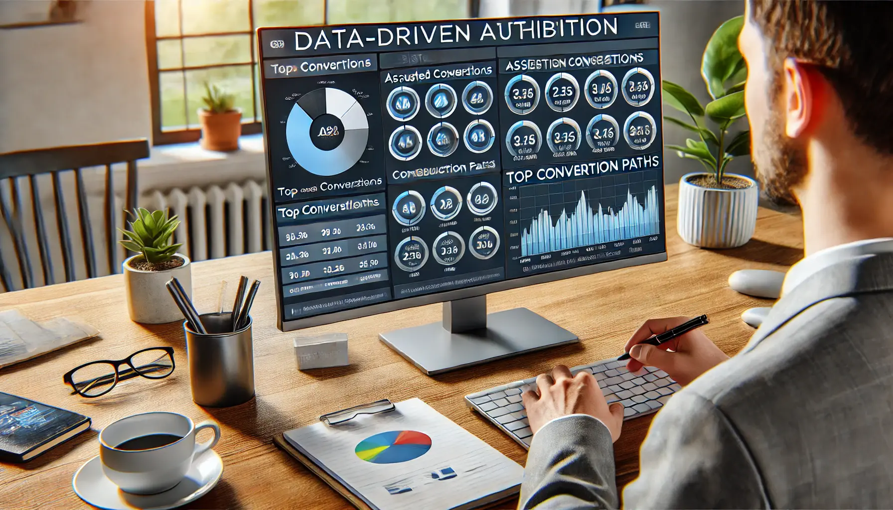 Digital marketer interpreting data-driven attribution reports on a Google Ads dashboard with metrics on assisted conversions and conversion paths.