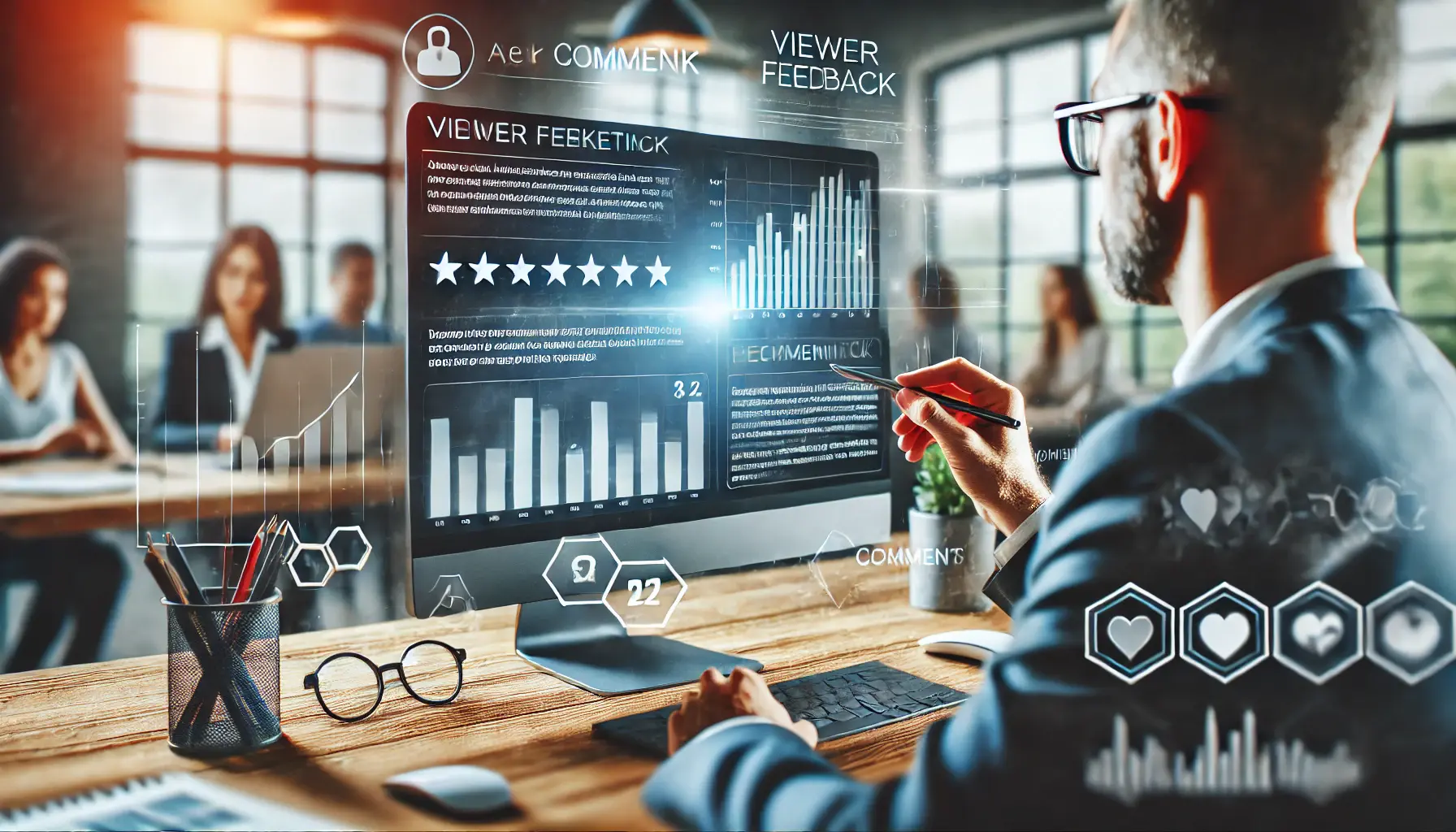 Digital marketing professional reviewing viewer feedback and comments on a computer screen in a modern office.