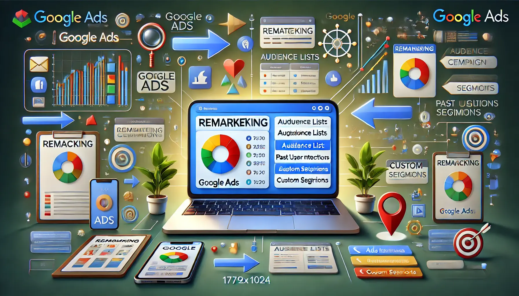 Digital marketing scene showing a laptop with Google Ads remarketing campaign settings, surrounded by visuals of user behavior, retargeting arrows, and ads on different devices.