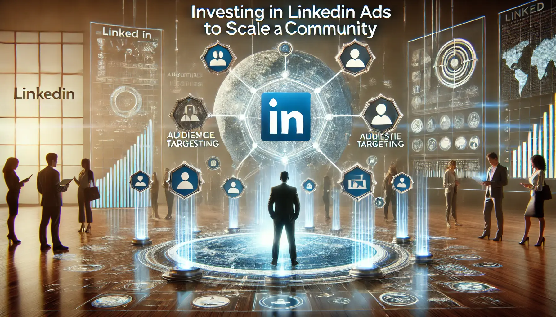 A digital environment where targeted advertising is used to grow a professional network, symbolized by digital ads, targeted outreach, and expanding connections.