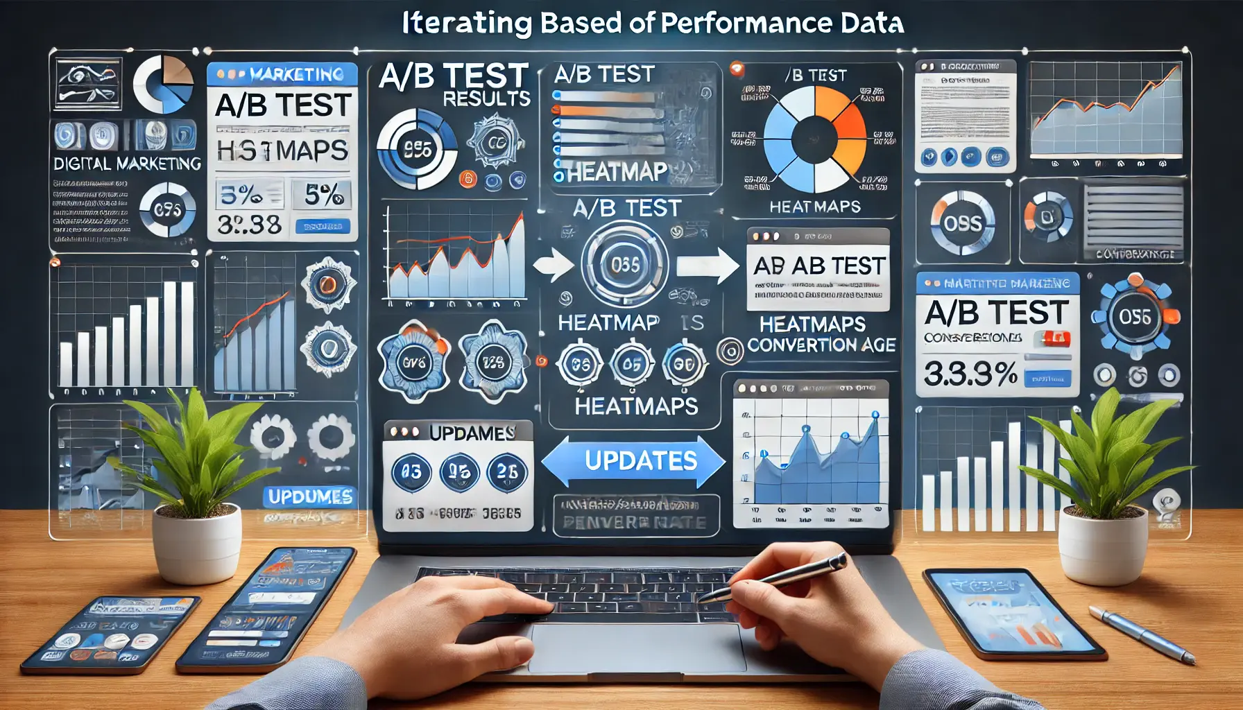 Digital marketing scene showing a dashboard with performance metrics like A/B test results and conversion rates, with visual elements showing adjustments being made