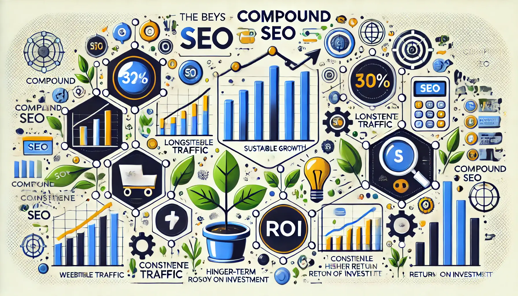 An illustration showing the benefits of Compound SEO with symbols of growth, long-term value, and website traffic.