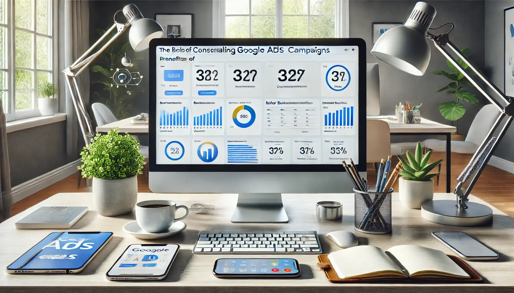 A professional digital marketing workspace showing a Google Ads dashboard with improved performance metrics such as better budget allocation and higher conversion rates, symbolizing the benefits of consolidating ad campaigns.