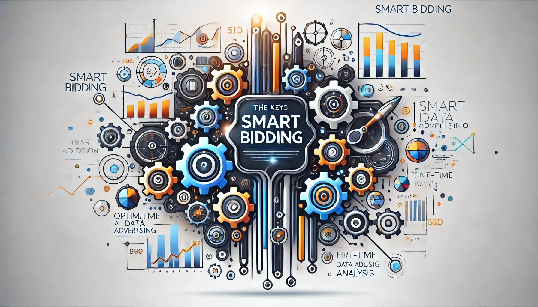 A visualization of automation, precision, and efficiency with gears, data flows, and abstract symbols representing optimization in digital advertising.