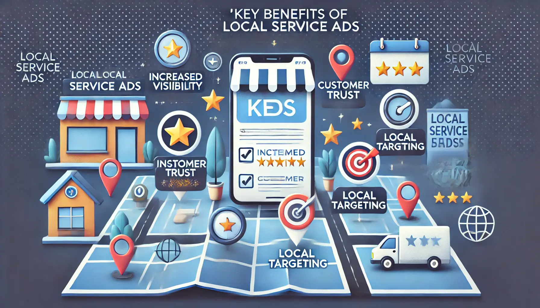 An illustration showing a business at the top of search results, stars representing customer trust, and a map with location pins for local targeting, highlighting the key benefits of Local Service Ads.