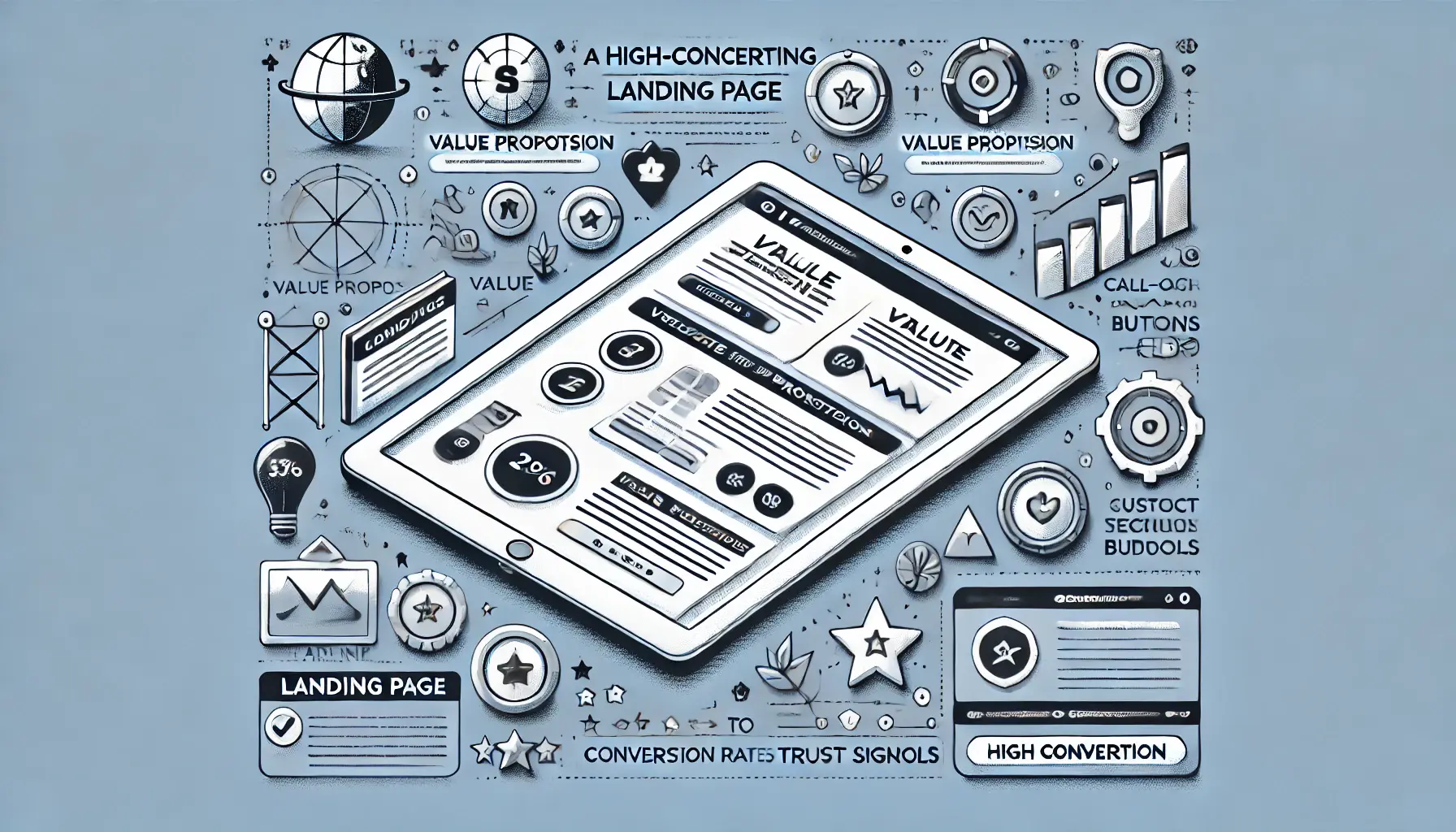 Illustration showing a landing page design with key conversion elements like headlines, call-to-action buttons, and trust signals.