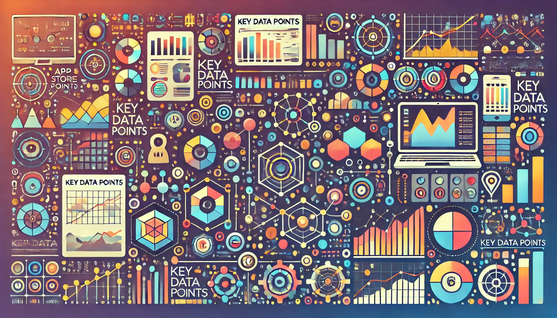 Abstract image symbolizing essential data metrics and analytics with visuals of data points, interconnected lines, and charts.