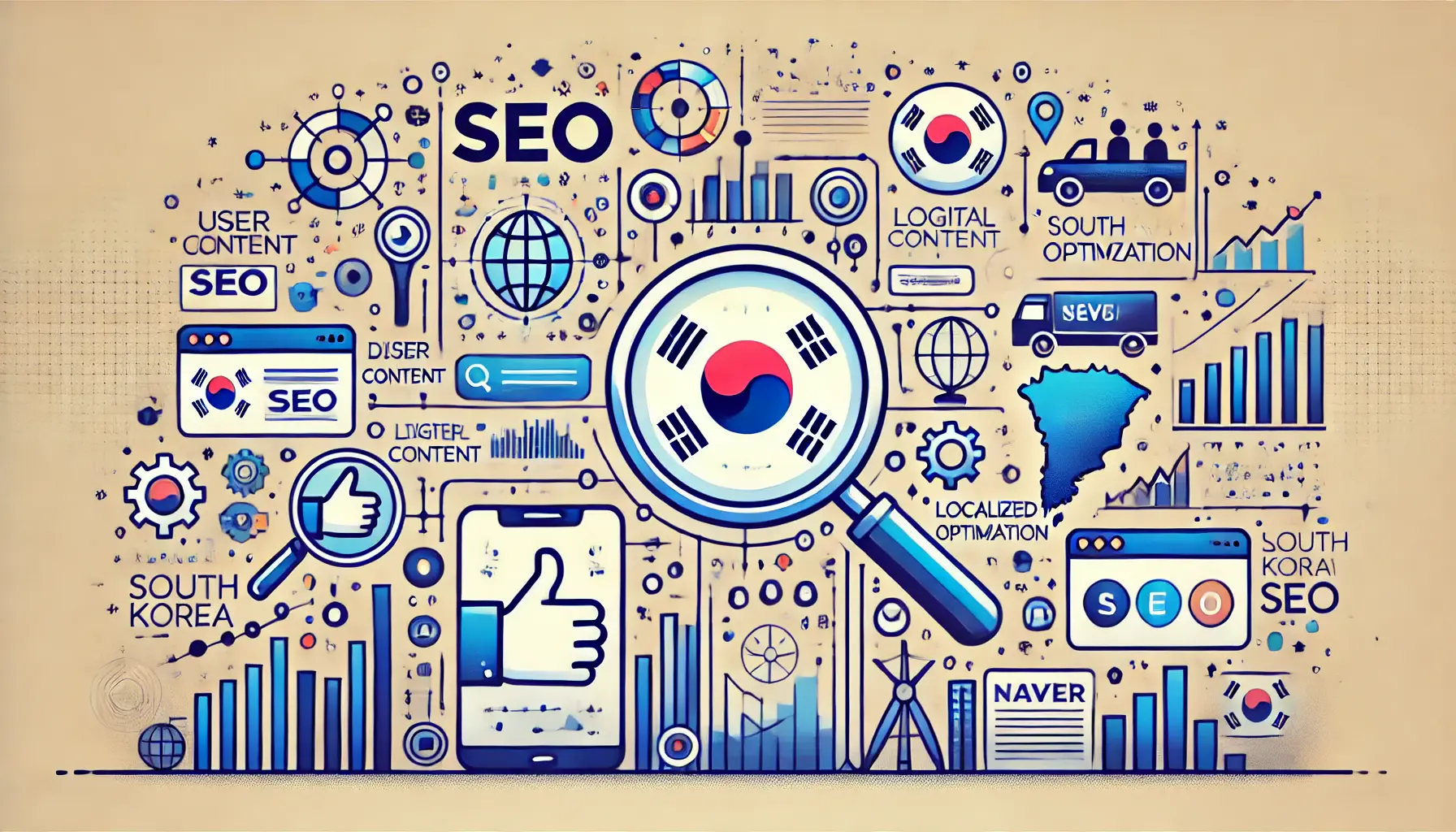 A visual representation of key elements of Naver SEO, highlighting user engagement, digital content, and localized optimization with abstract symbols of search and user interaction.