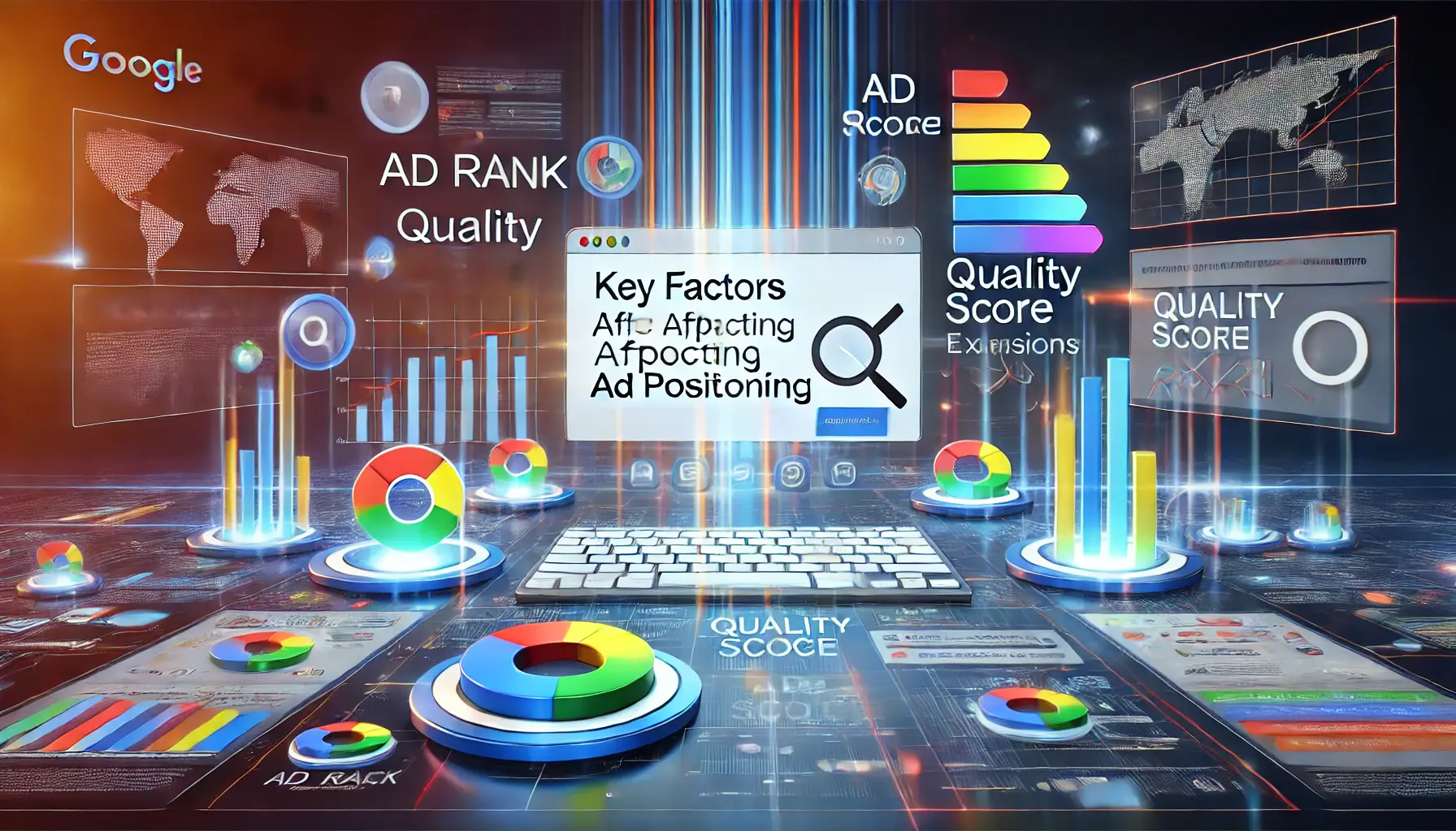 A Google Ads interface with abstract icons representing key factors like Ad Rank, Quality Score, and Ad Extensions, surrounded by data flow and performance analysis elements.