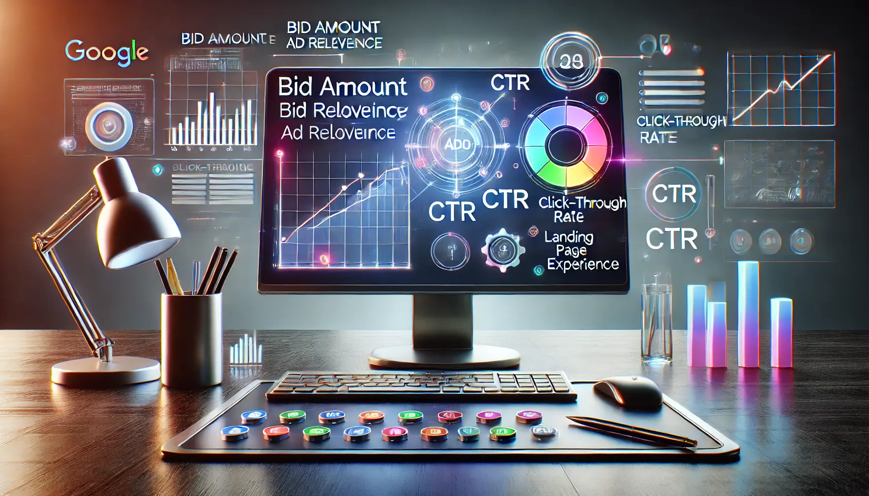 A computer screen showing a Google Ads interface with icons representing key factors like bid amount, ad relevance, click-through rate (CTR), and landing page experience, with data flow surrounding the screen.